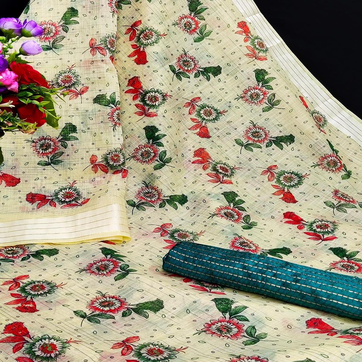 Captivating Mustard Coloured Floral Print Casual Wear Striped Pattern Cotton Saree