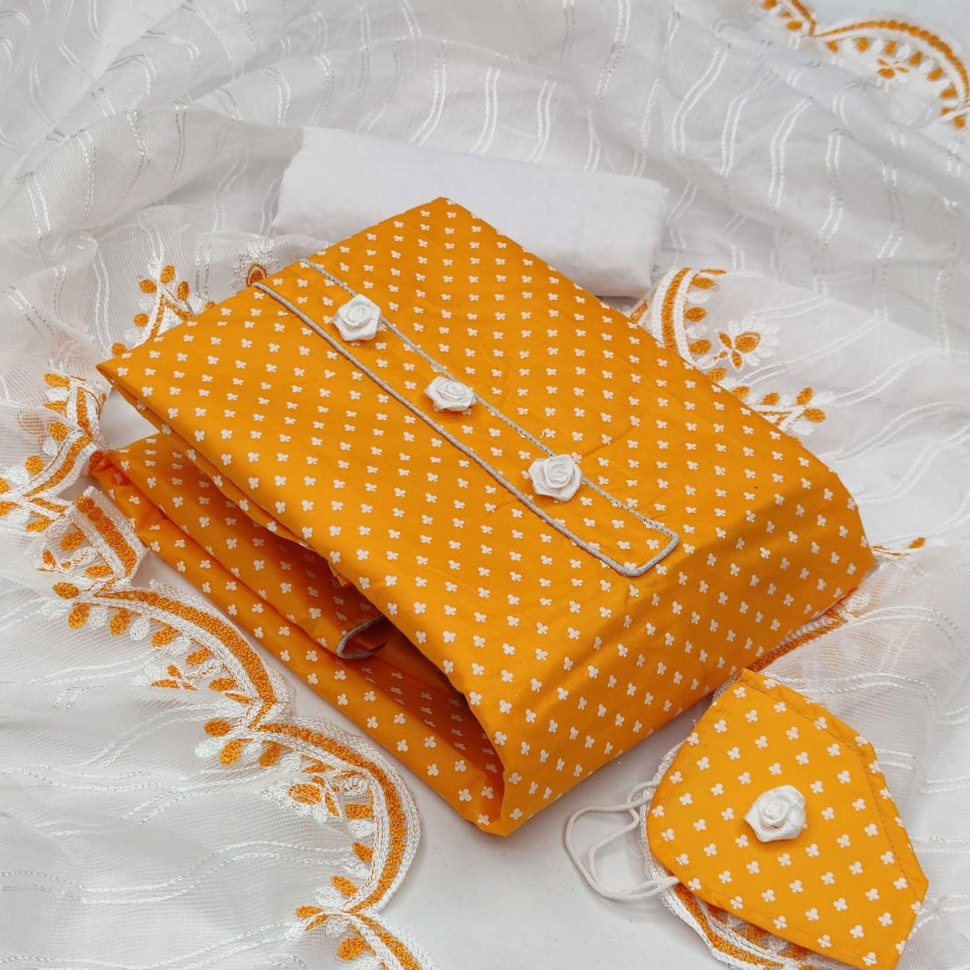 Captivating Mustard Yellow Colored Casual Wear Printed Cotton Dress Material