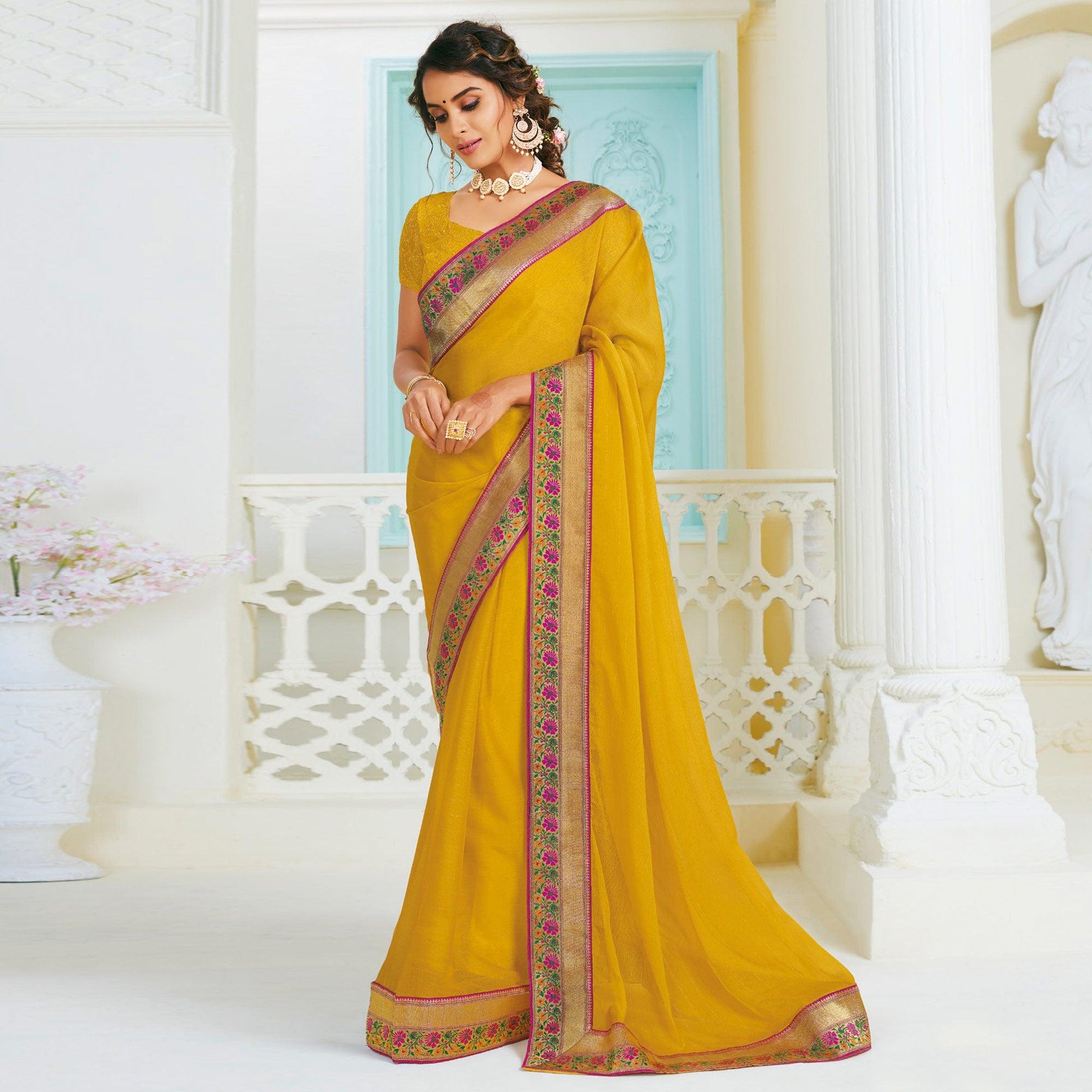 Captivating Mustard Yellow Colored Partywear Foil Work Chiffon Saree