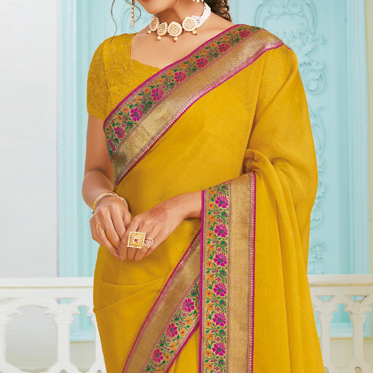 Captivating Mustard Yellow Colored Partywear Foil Work Chiffon Saree