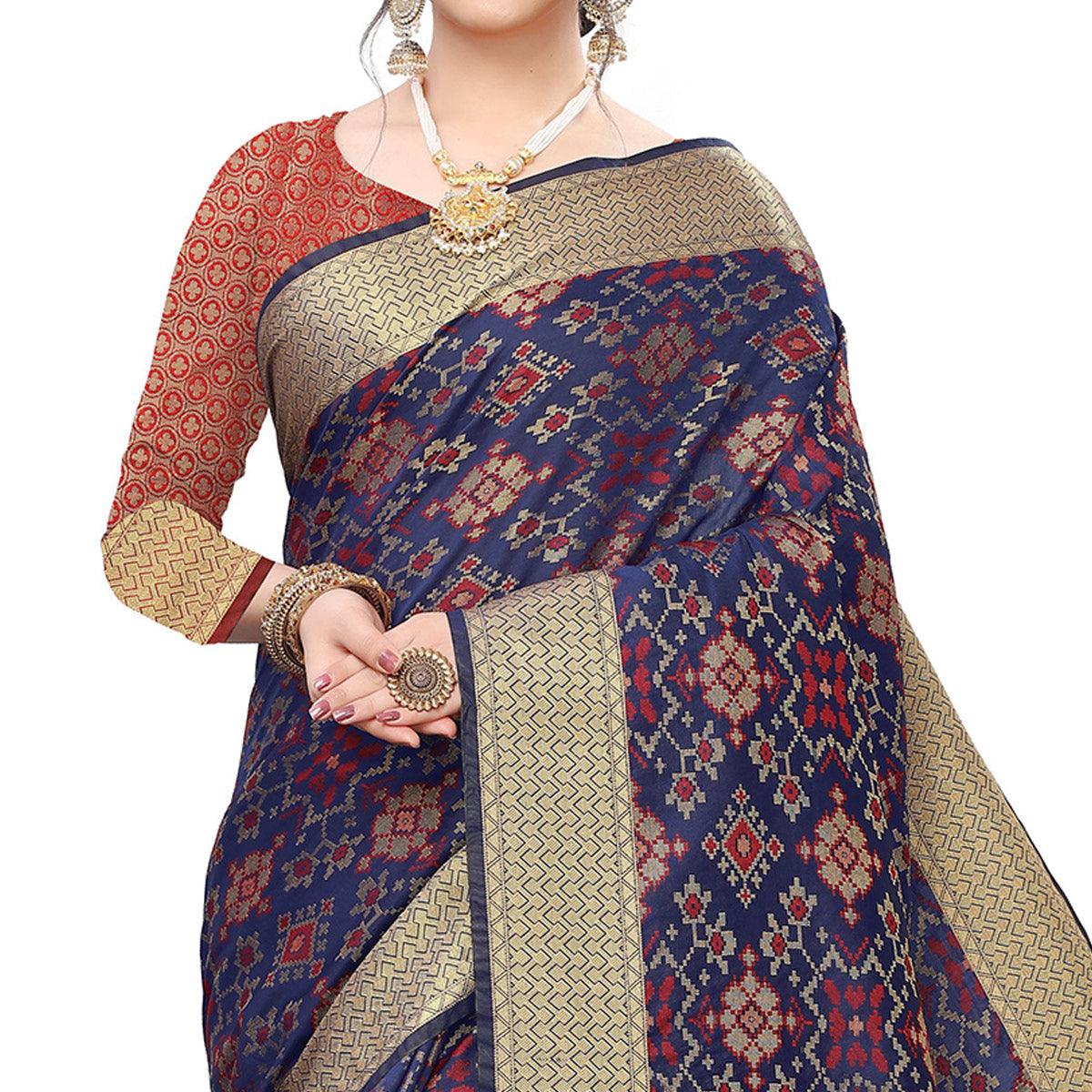 Captivating Navy Blue Colored Festive Wear Woven Kanjivaram Silk Saree