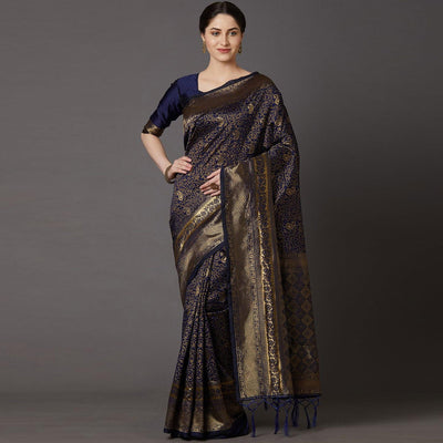 Captivating Navy Blue Colored Festive Wear Woven Silk Blend Saree
