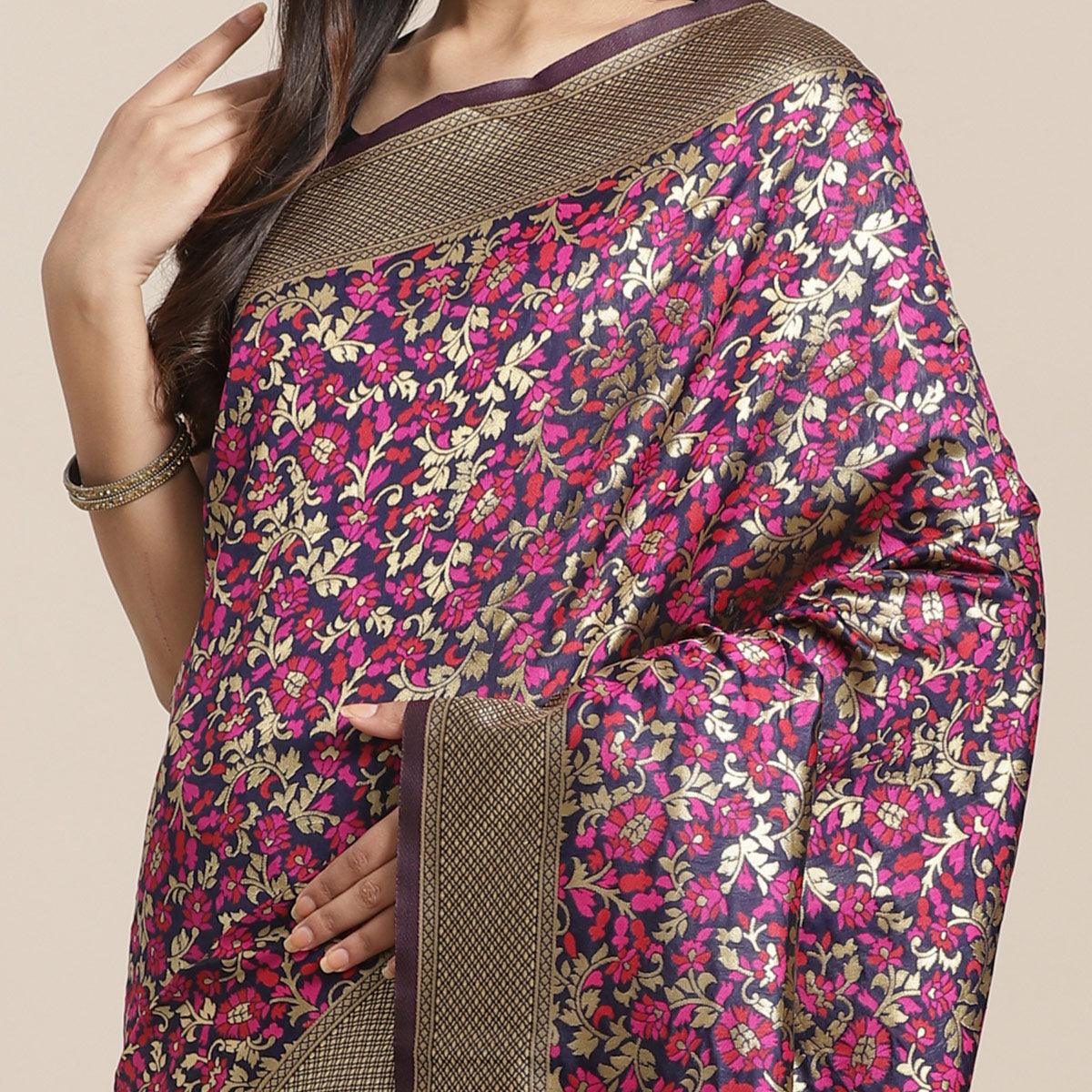 Captivating Navy Blue Colored Festive Wear Woven Silk Blend Saree