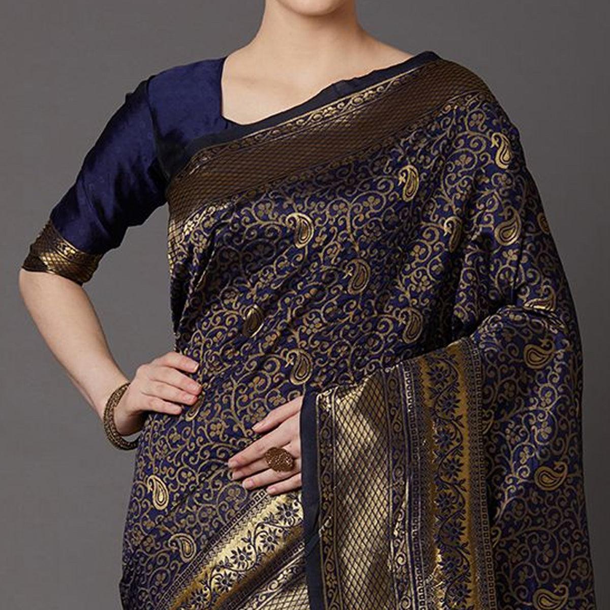 Captivating Navy Blue Colored Festive Wear Woven Silk Blend Saree