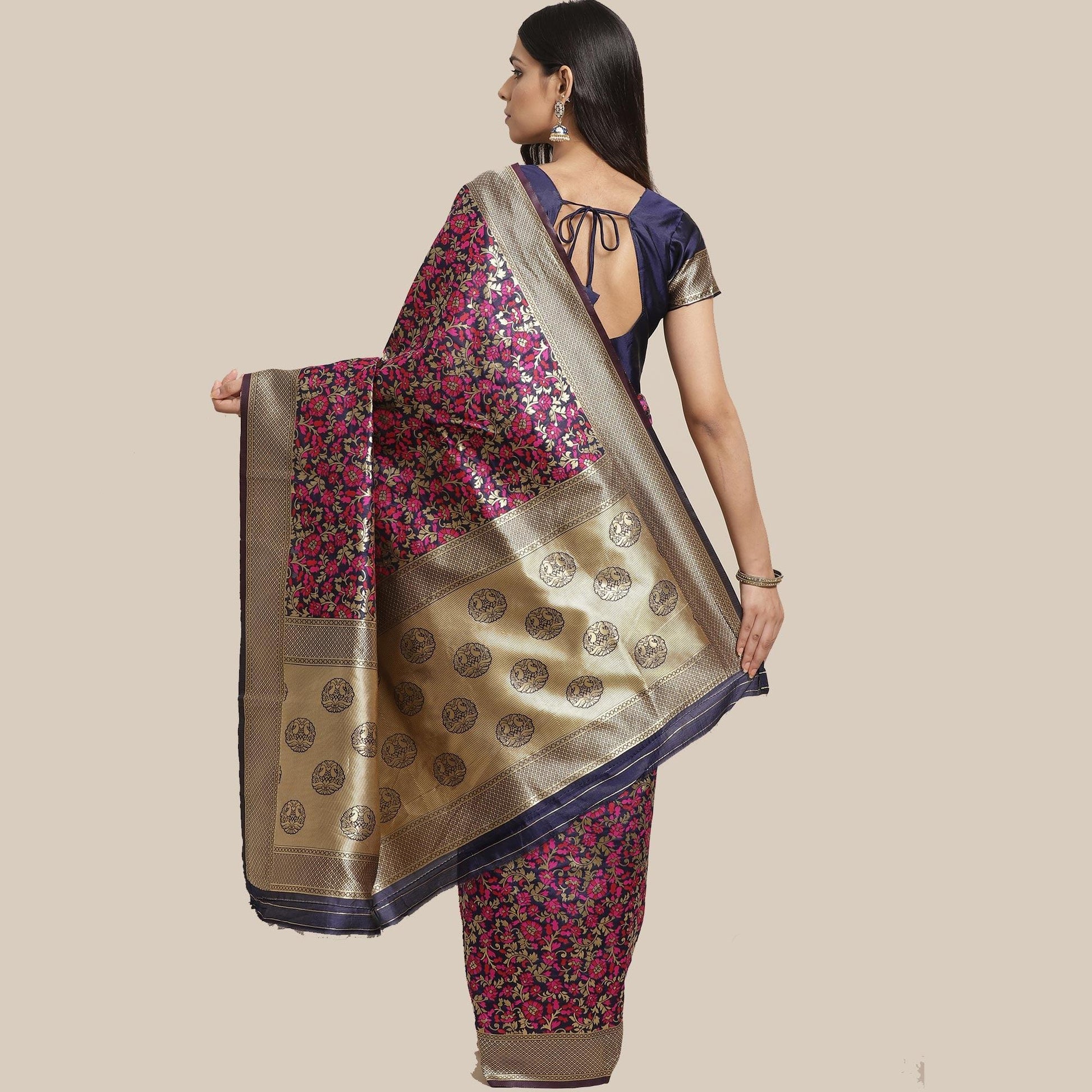 Captivating Navy Blue Colored Festive Wear Woven Silk Blend Saree