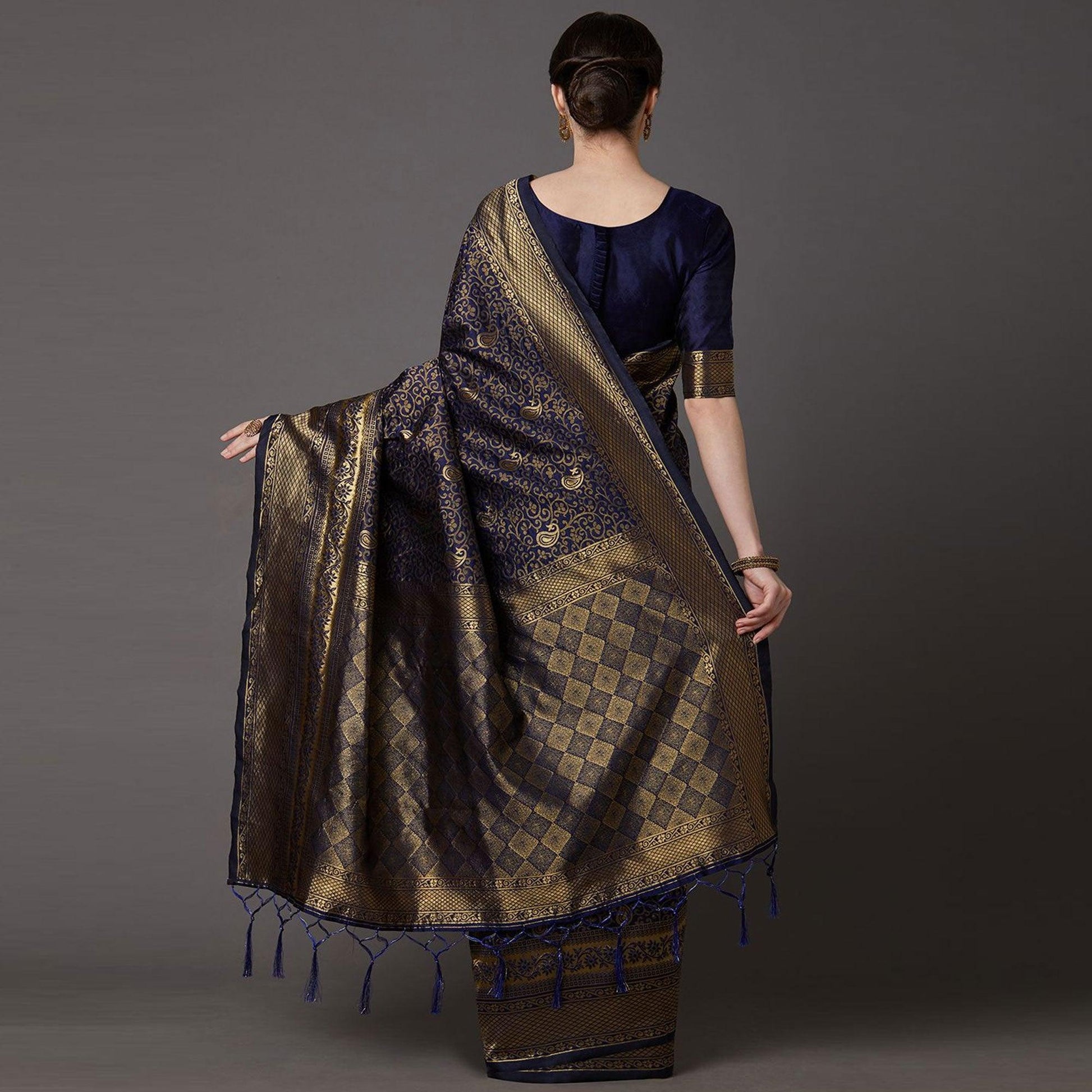 Captivating Navy Blue Colored Festive Wear Woven Silk Blend Saree