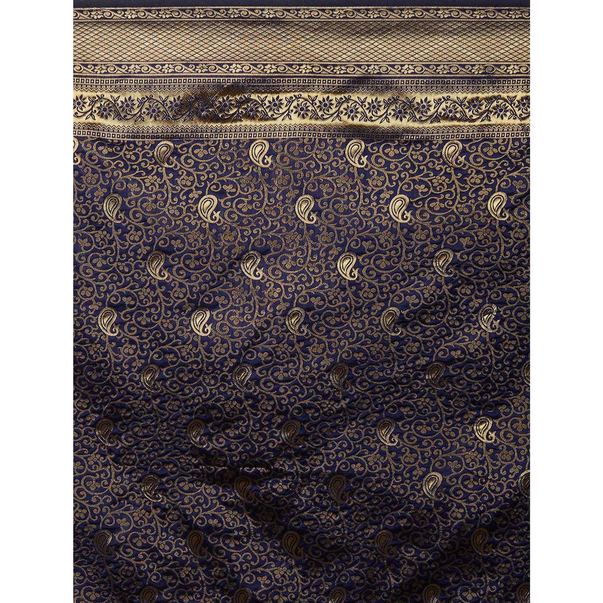 Captivating Navy Blue Colored Festive Wear Woven Silk Blend Saree