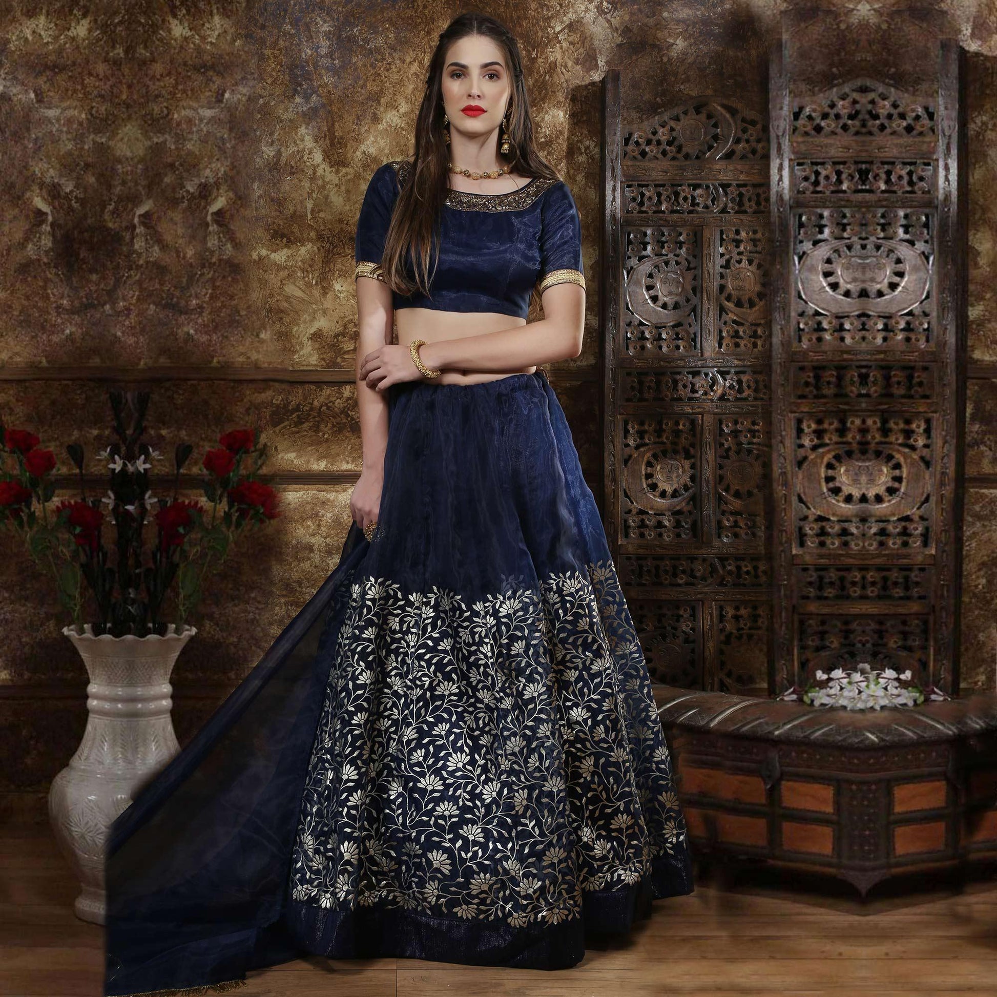 Captivating Navy Blue Colored Party Wear Foil Printed Organza Lehenga Choli