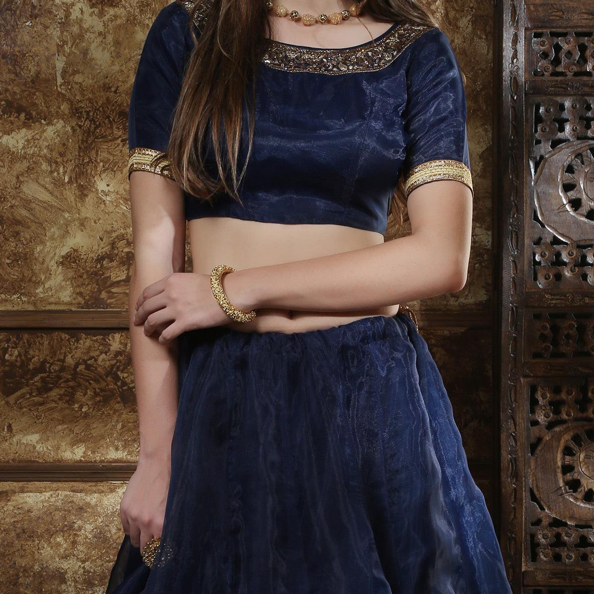 Captivating Navy Blue Colored Party Wear Foil Printed Organza Lehenga Choli
