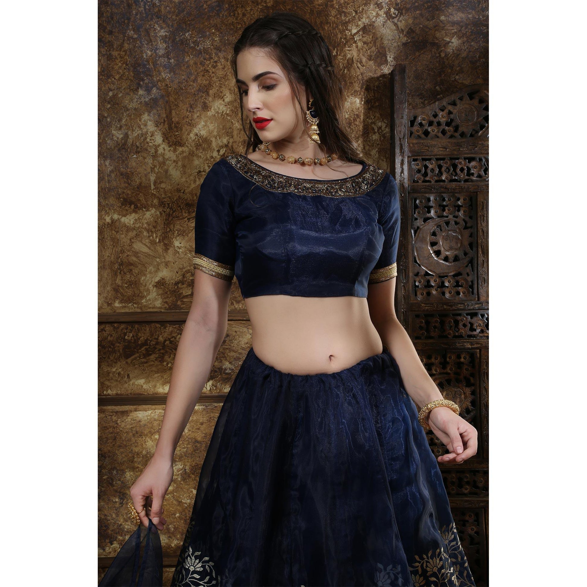Captivating Navy Blue Colored Party Wear Foil Printed Organza Lehenga Choli