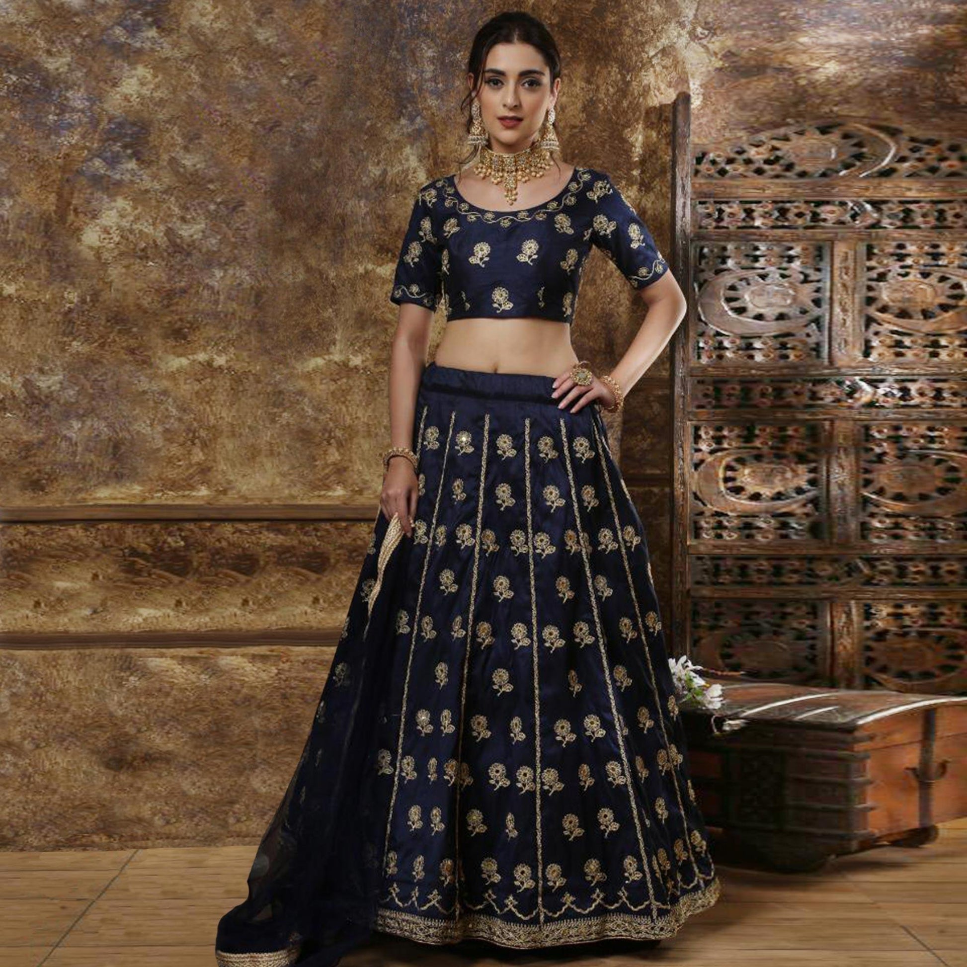 Captivating Navy Blue Colored Partywear Embroidered Silk Lehenga Choli