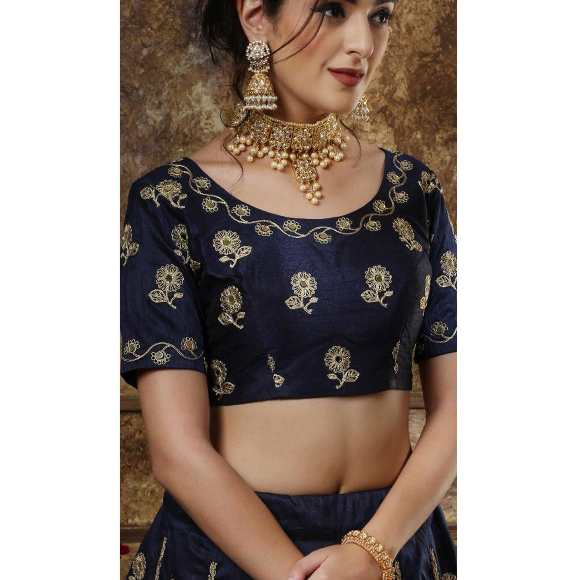Captivating Navy Blue Colored Partywear Embroidered Silk Lehenga Choli
