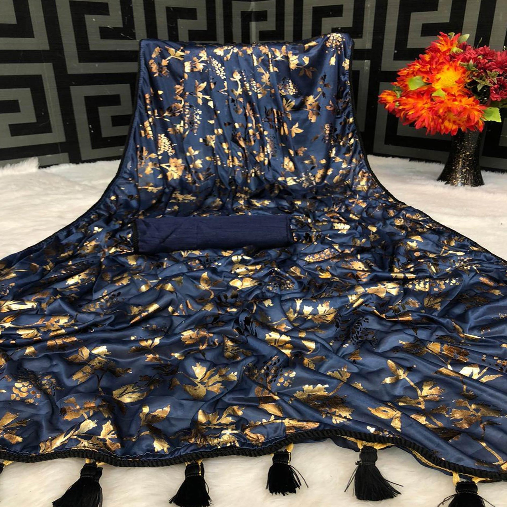 Captivating Navy Blue Colored Partywear Foil Printed Art Silk Saree