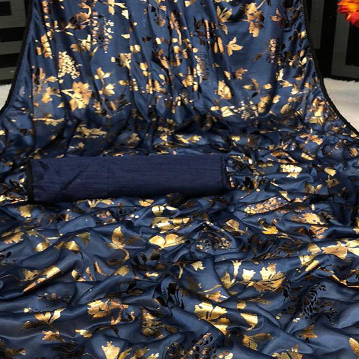 Captivating Navy Blue Colored Partywear Foil Printed Art Silk Saree