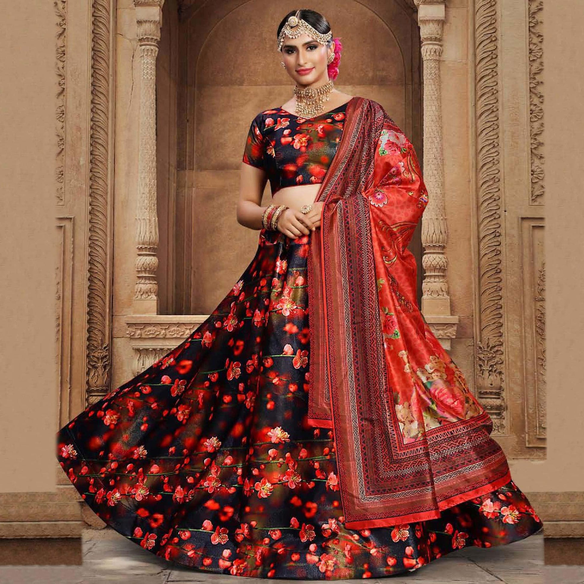 Captivating Navy Blue - Red Colored Wedding Wear Printed Art Silk Lehenga Choli