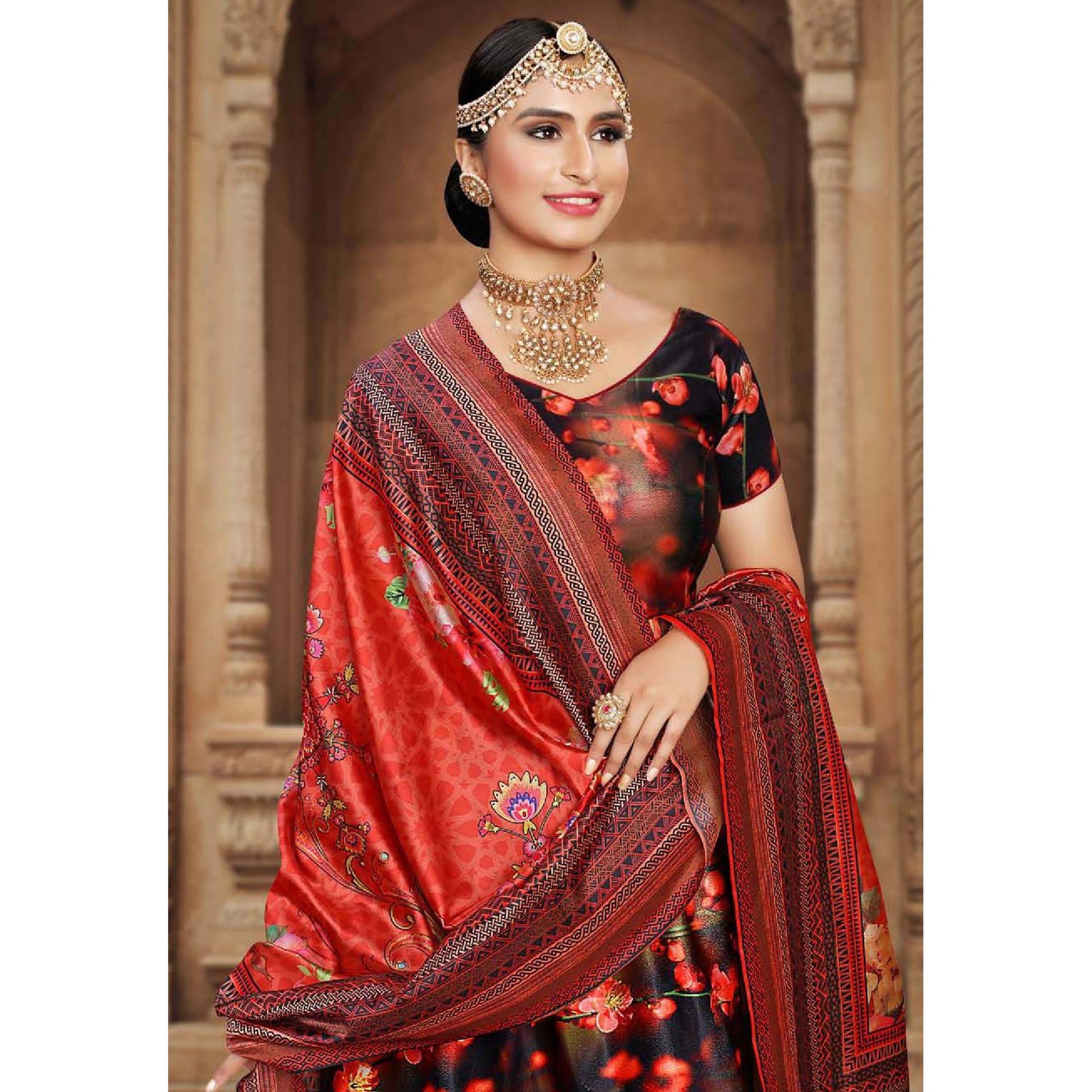Captivating Navy Blue - Red Colored Wedding Wear Printed Art Silk Lehenga Choli