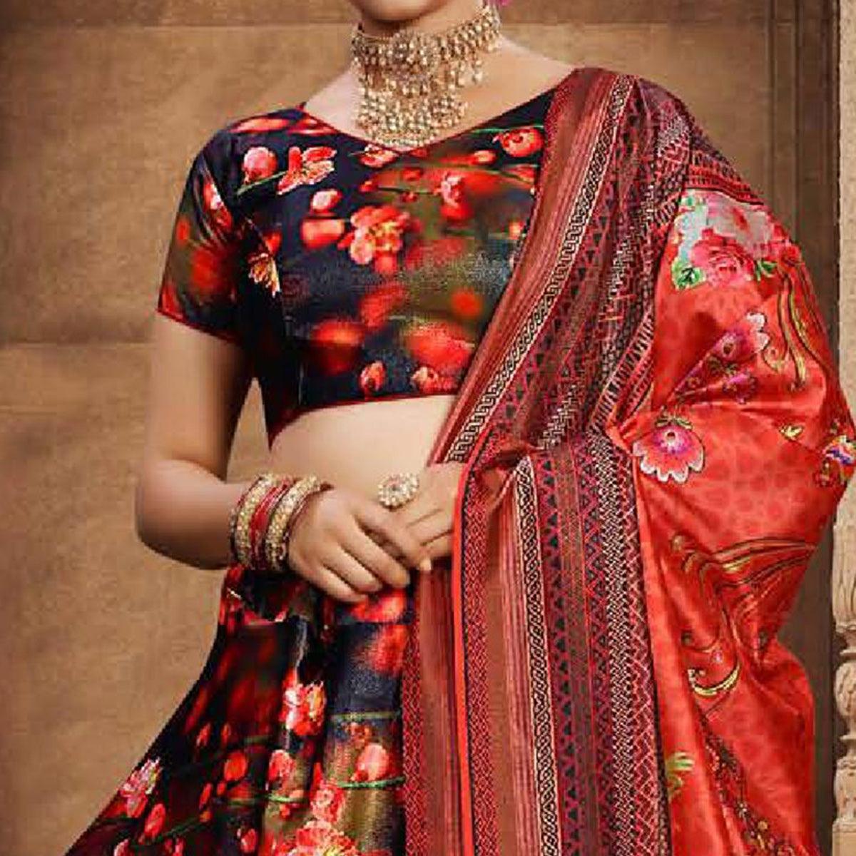 Captivating Navy Blue - Red Colored Wedding Wear Printed Art Silk Lehenga Choli