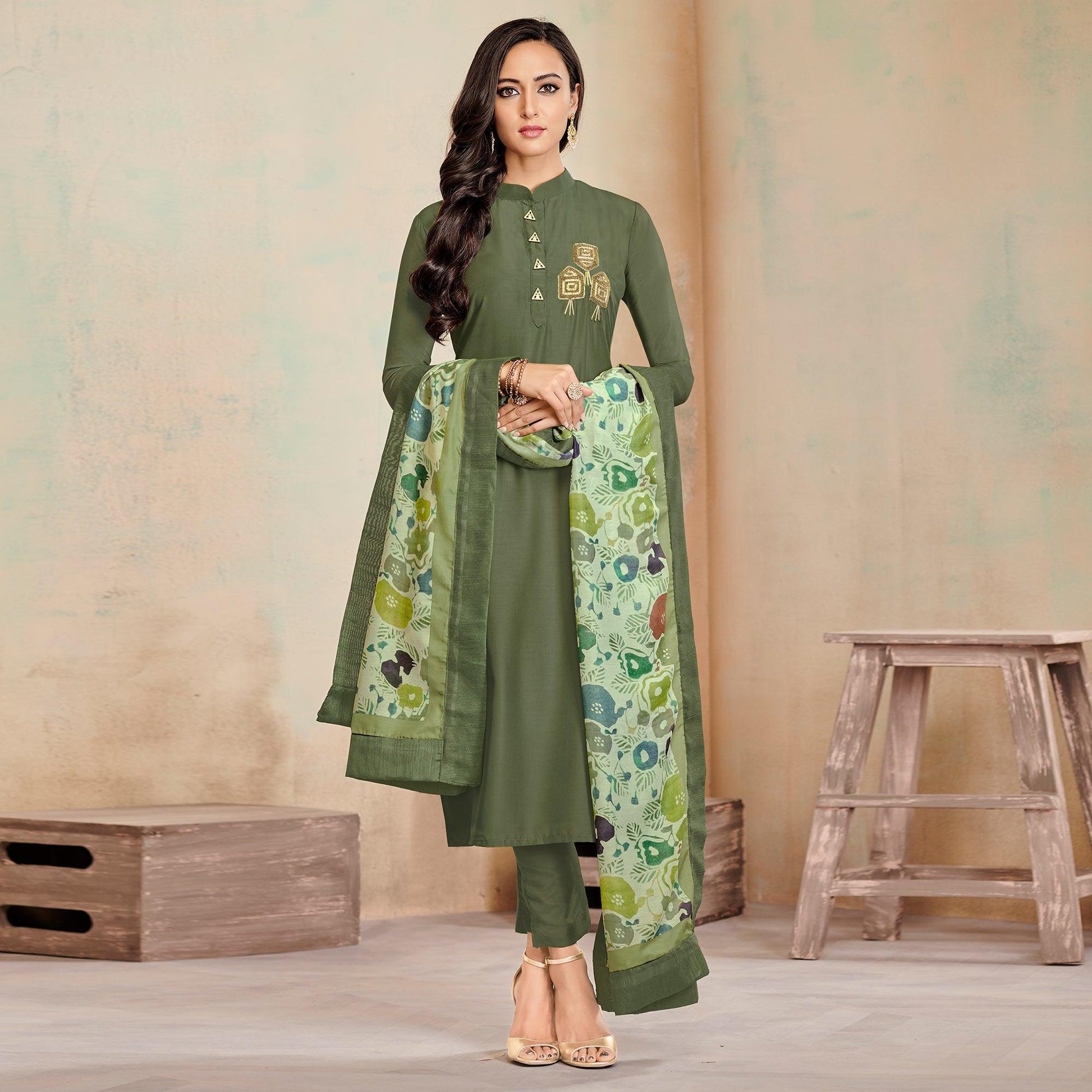 Captivating Olive Green Colored Partywear Cotton Suit