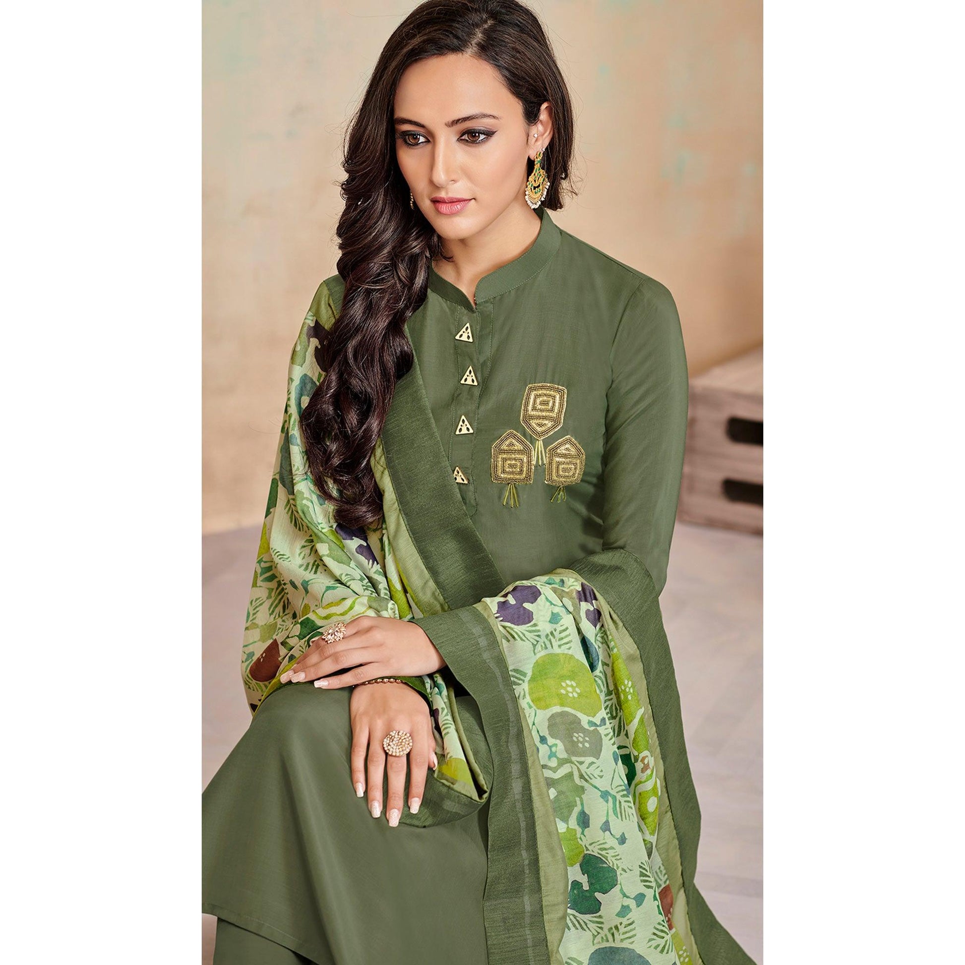 Captivating Olive Green Colored Partywear Cotton Suit