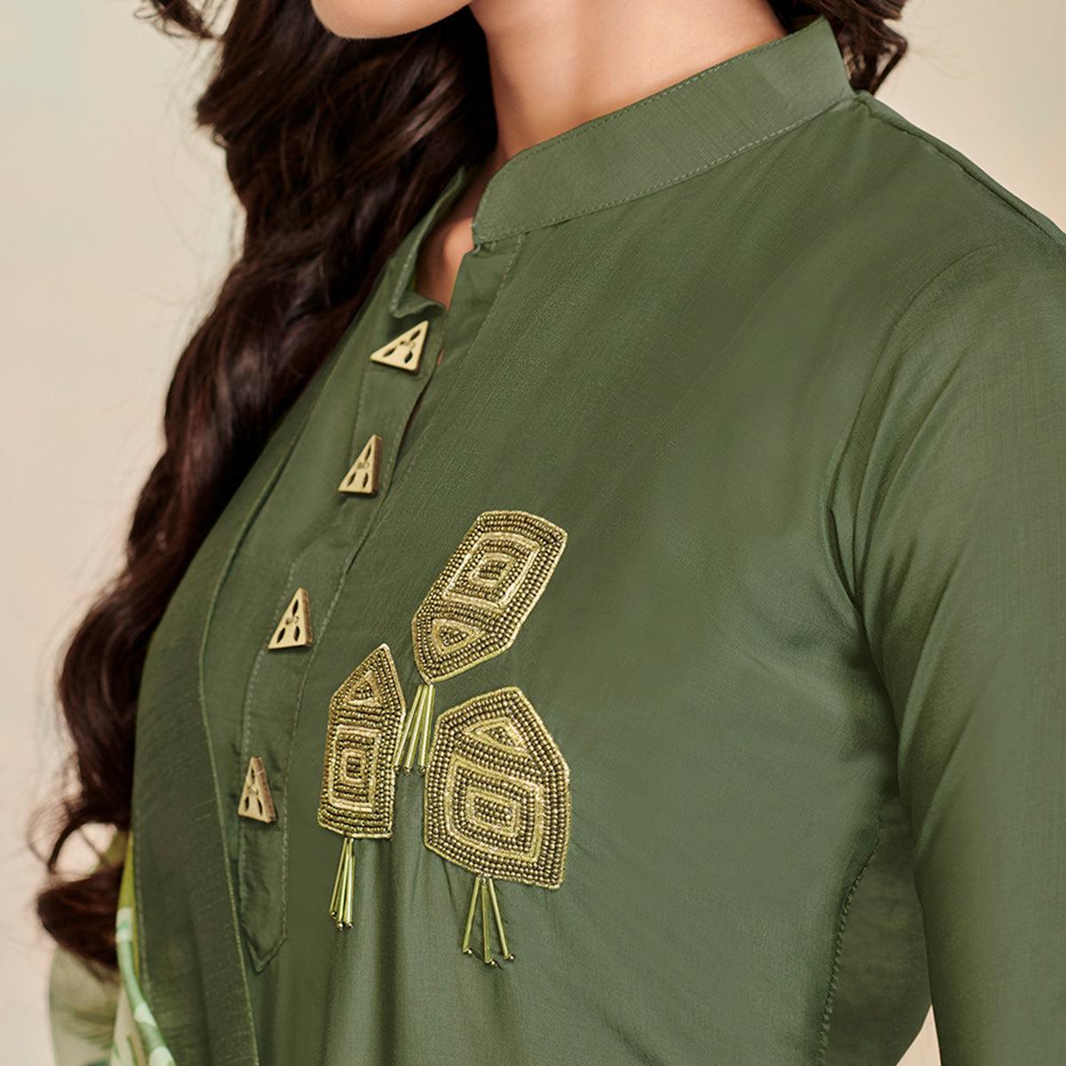 Captivating Olive Green Colored Partywear Cotton Suit