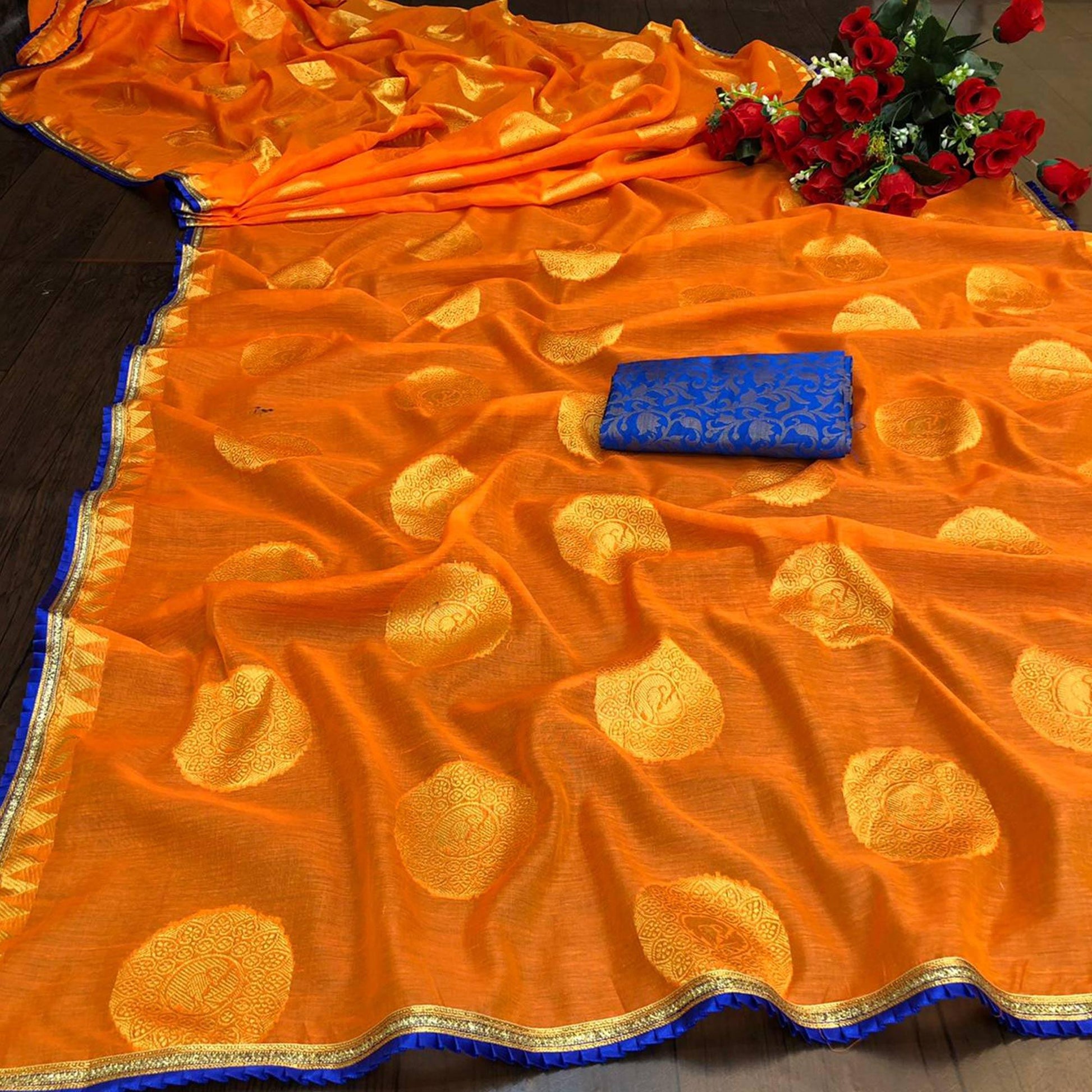 Captivating Orange Colored Festive Wear Woven Cotton Saree