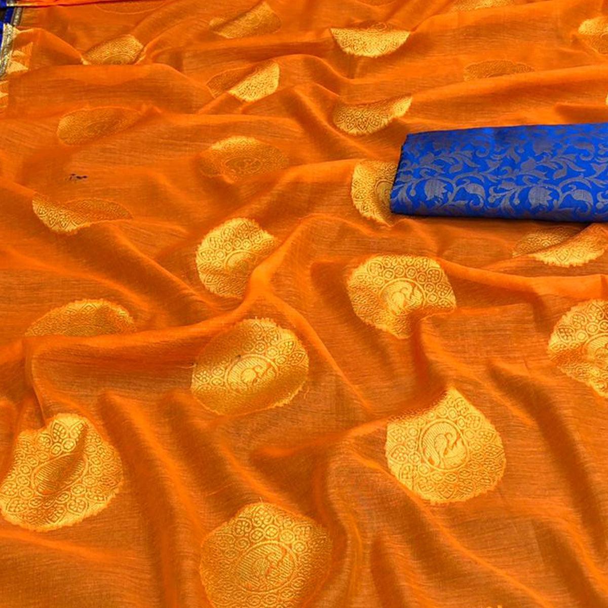 Captivating Orange Colored Festive Wear Woven Cotton Saree