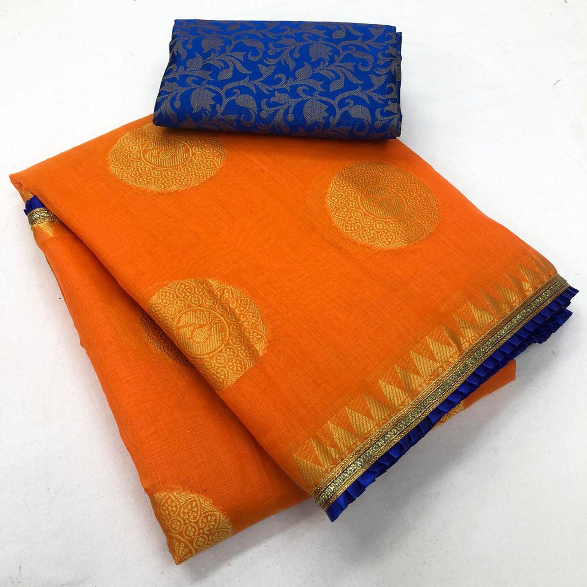 Captivating Orange Colored Festive Wear Woven Cotton Saree
