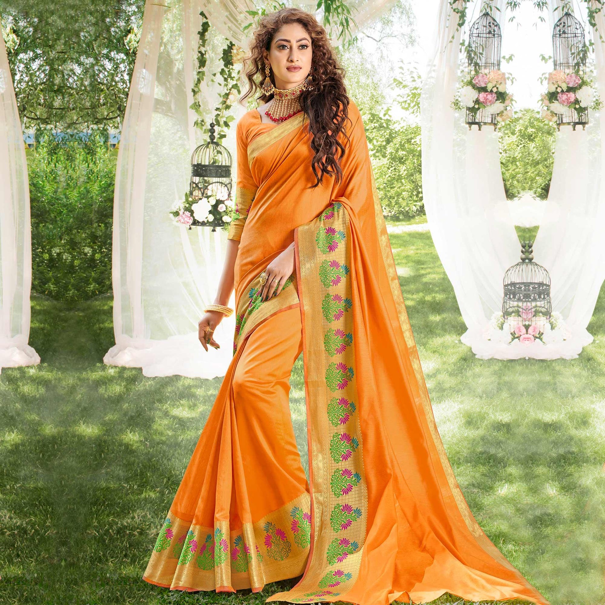 Captivating Orange Colored Festive Wear Woven Cotton Silk Saree