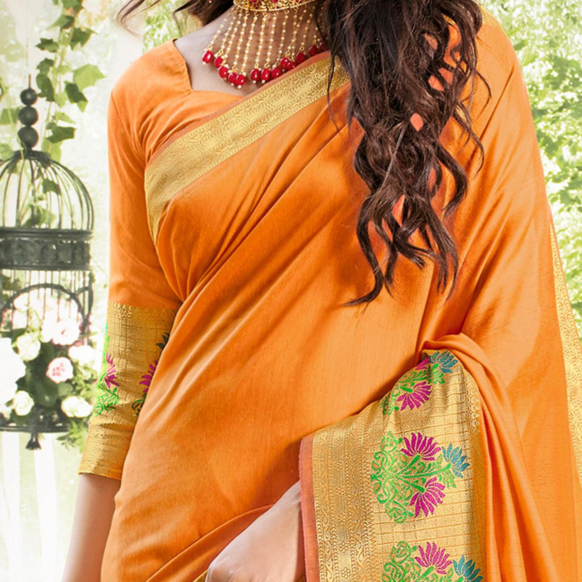 Captivating Orange Colored Festive Wear Woven Cotton Silk Saree