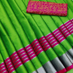 Captivating Parrot Green Coloured Casual Wear Zari Border Cotton Saree