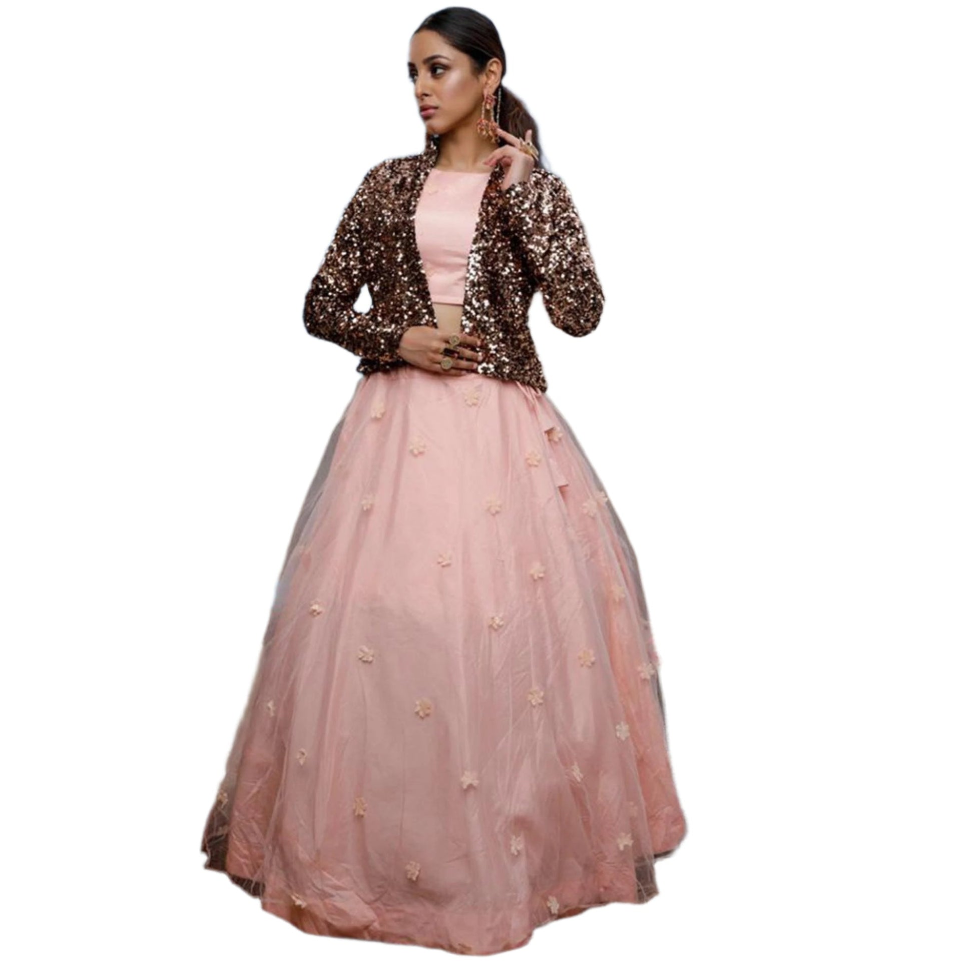 Captivating Peach-Black Colored Party Wear Embroidered Net Lehenga Choli