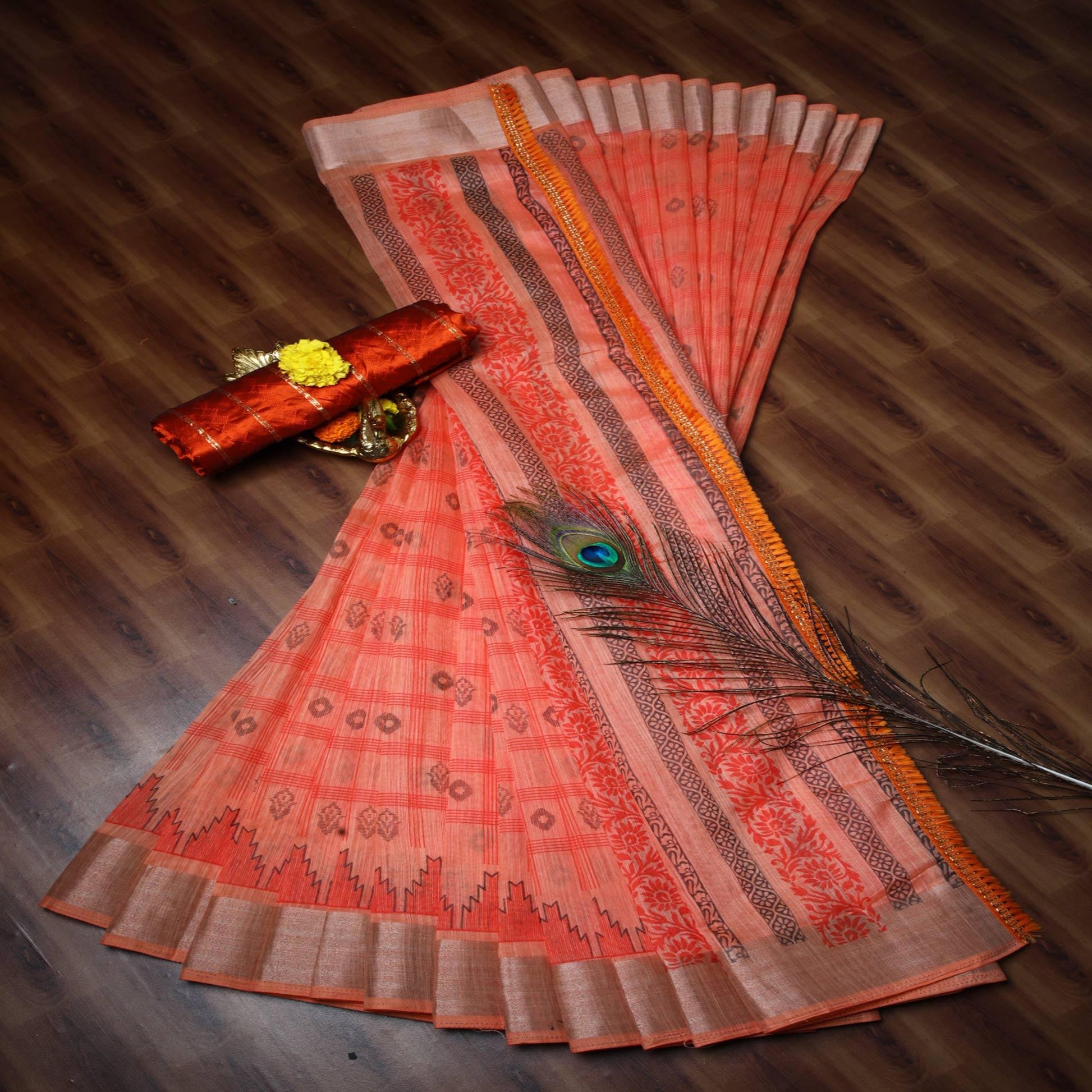 Captivating Peach Colored Casual Wear Printed Cotton Saree