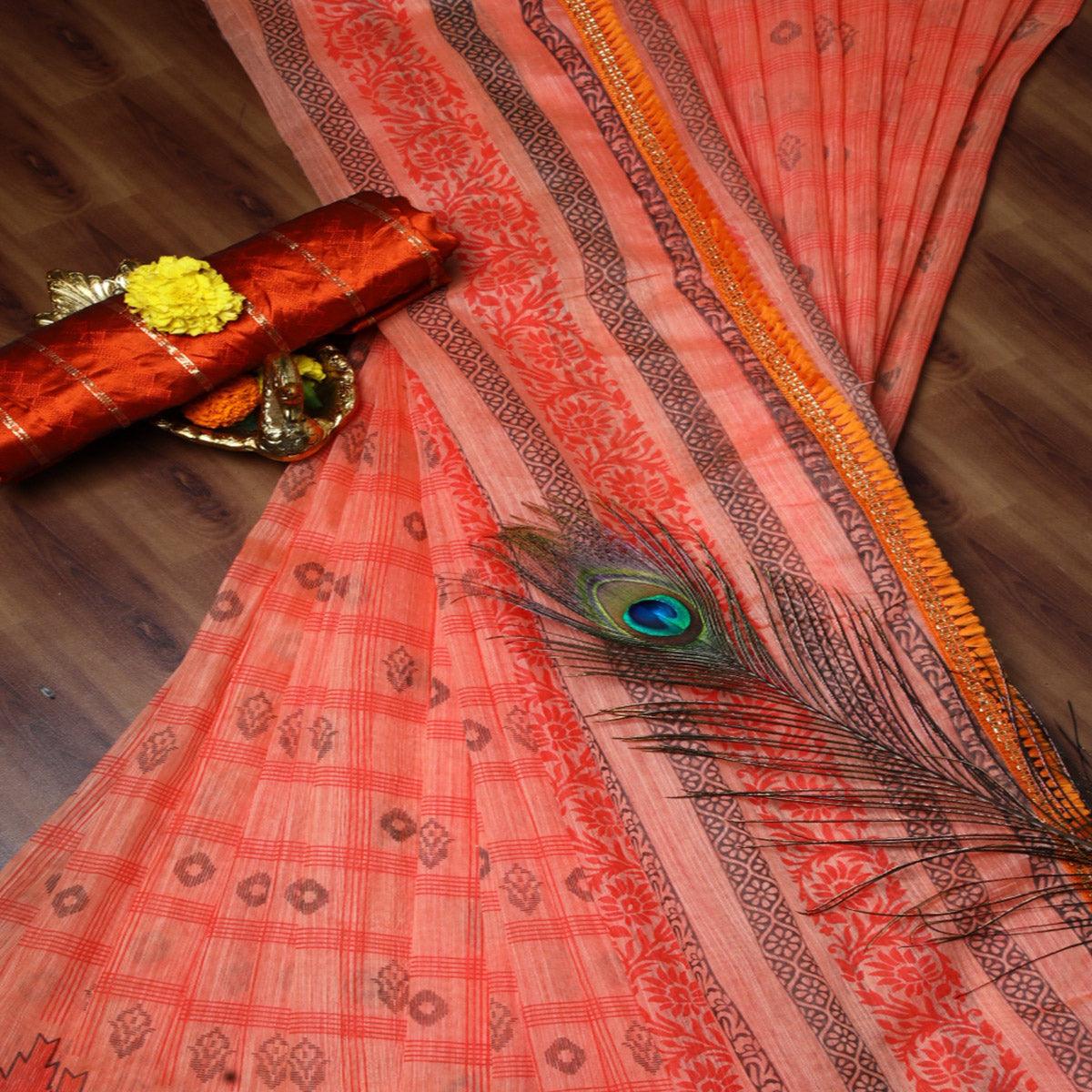 Captivating Peach Colored Casual Wear Printed Cotton Saree
