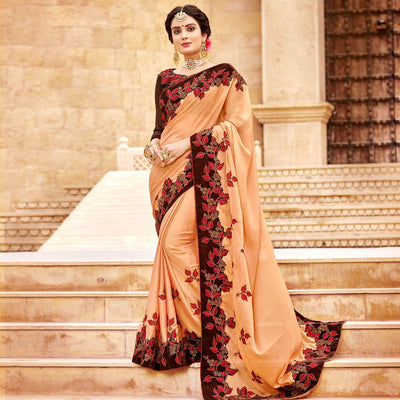 Captivating Peach Colored Party Wear Embroidered Satin-Georegtte Saree