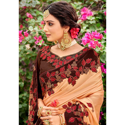 Captivating Peach Colored Party Wear Embroidered Satin-Georegtte Saree