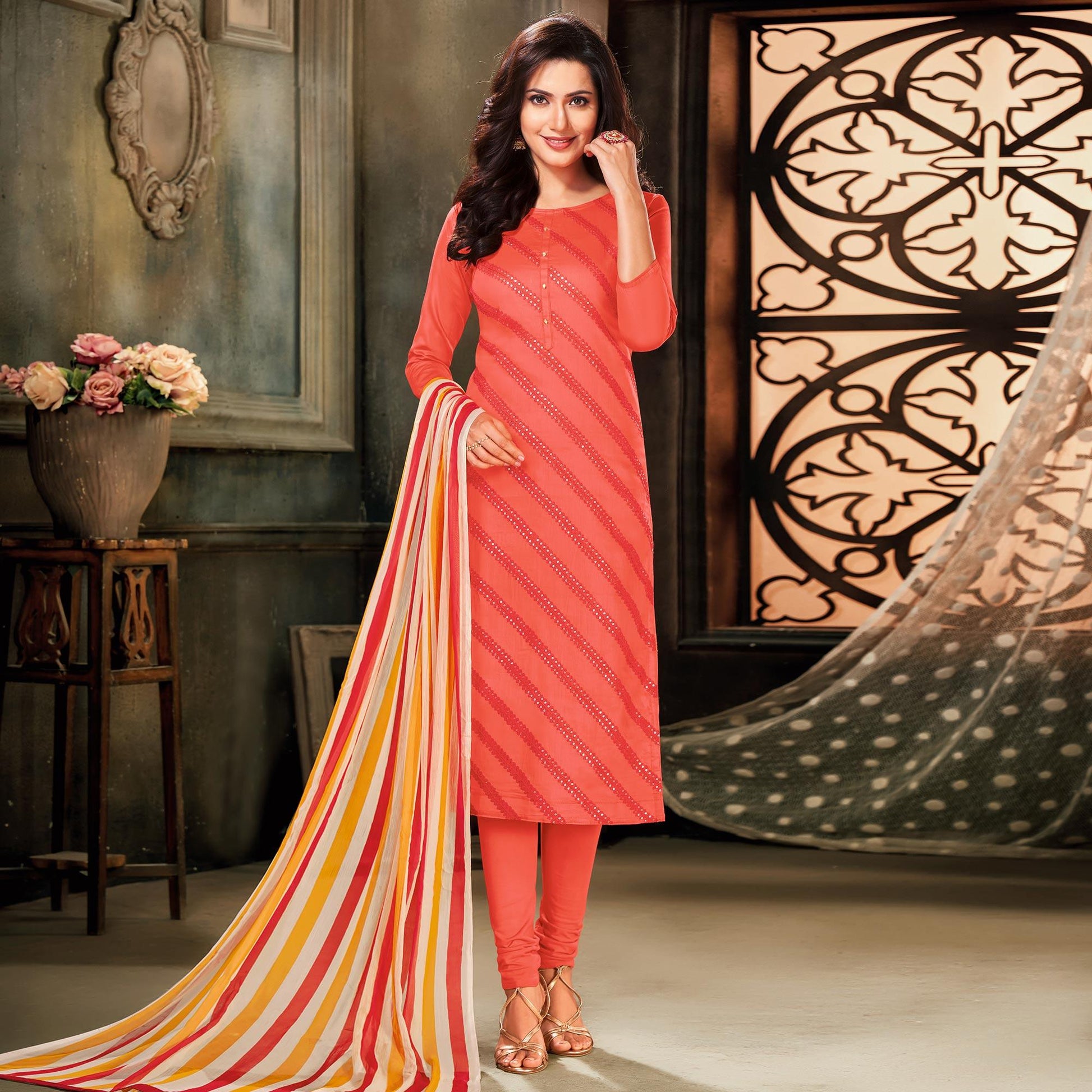 Captivating Peach Colored Partywear Embroidered Chanderi Dress Material