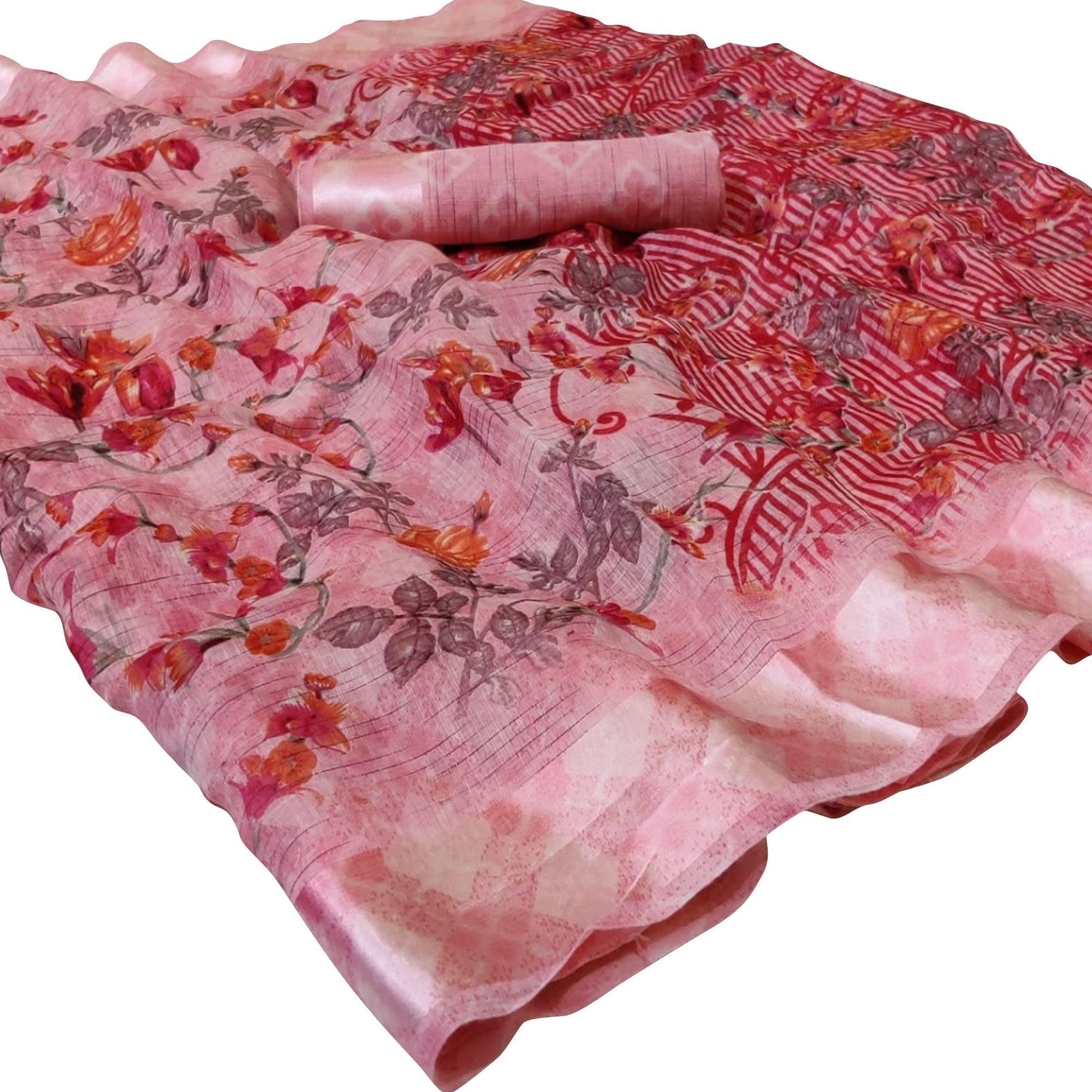 Captivating Pink Colored Casual Wear Floral Printed Linen Saree