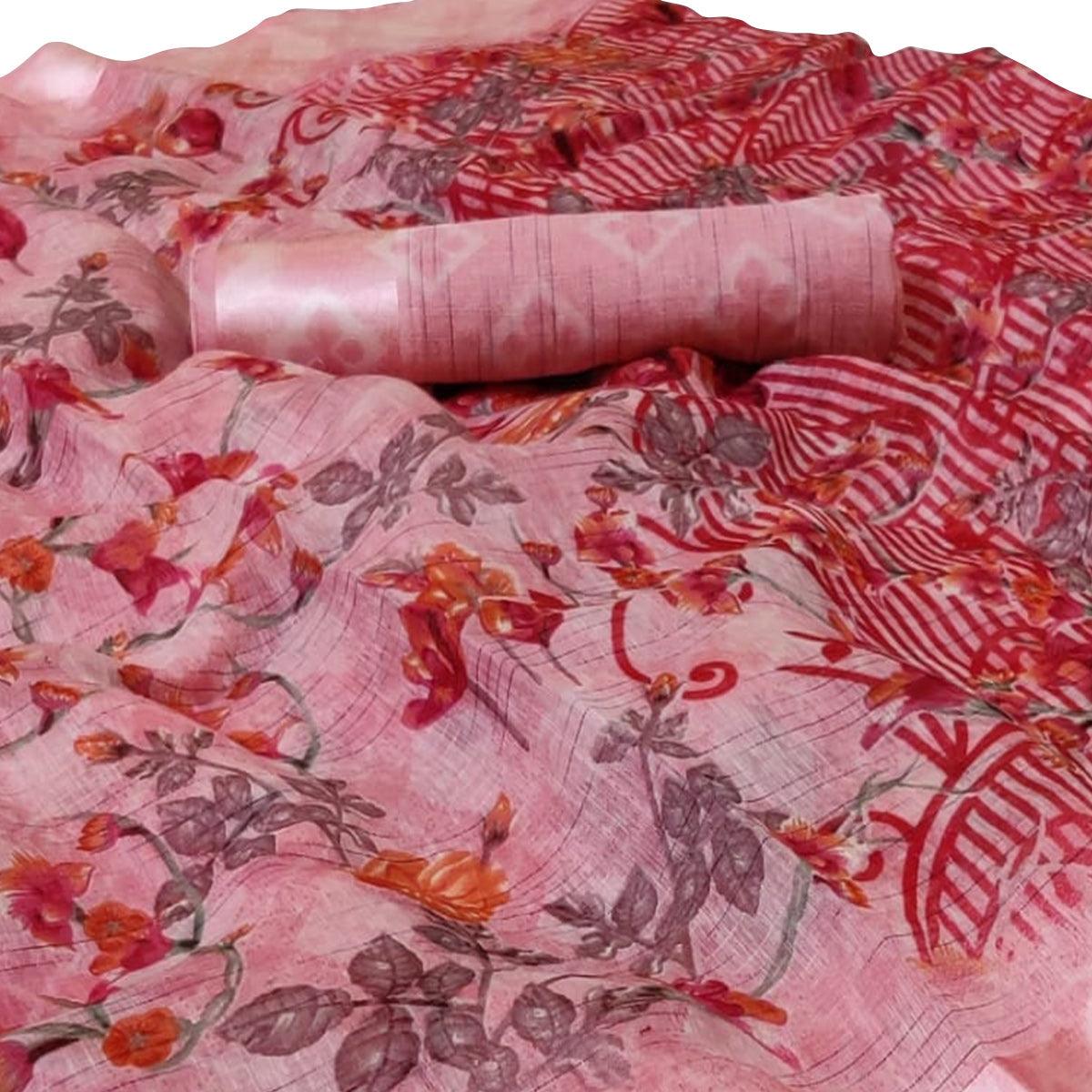 Captivating Pink Colored Casual Wear Floral Printed Linen Saree