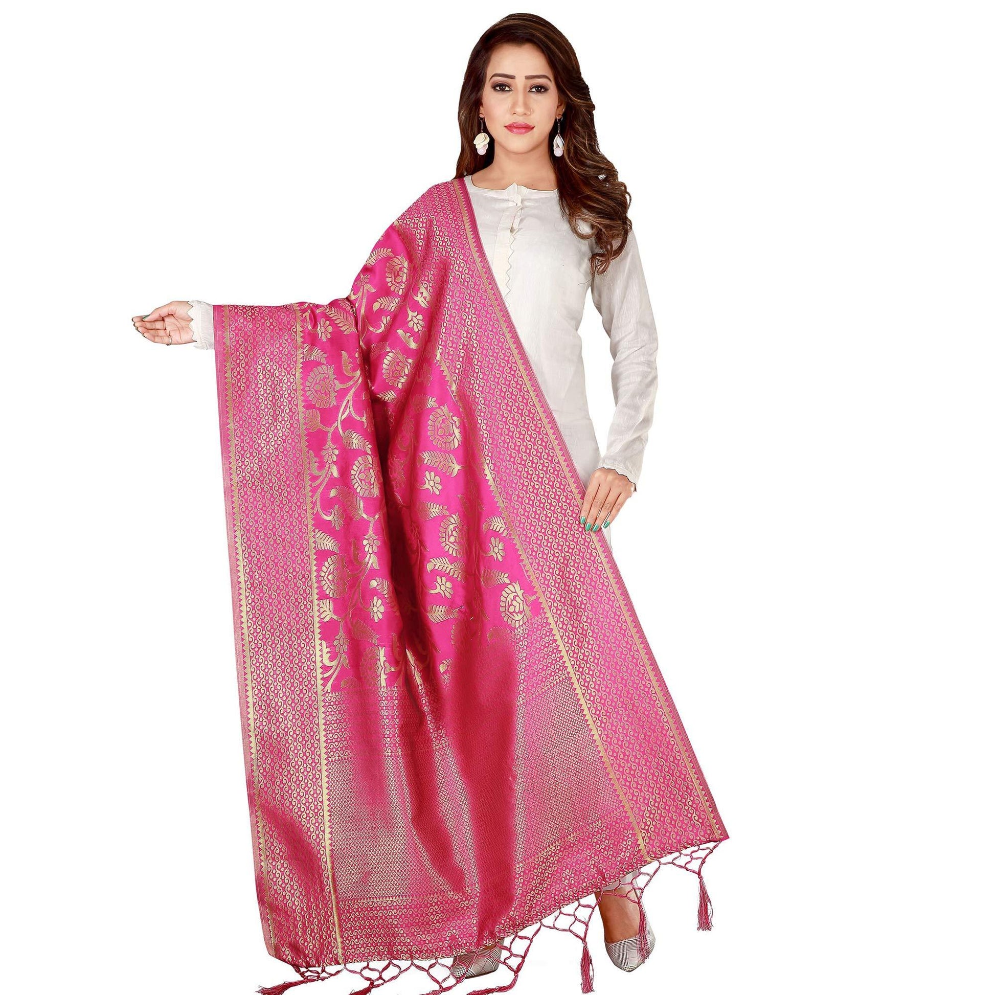 Captivating Pink Colored Festive Wear Banarasi Silk Dupatta