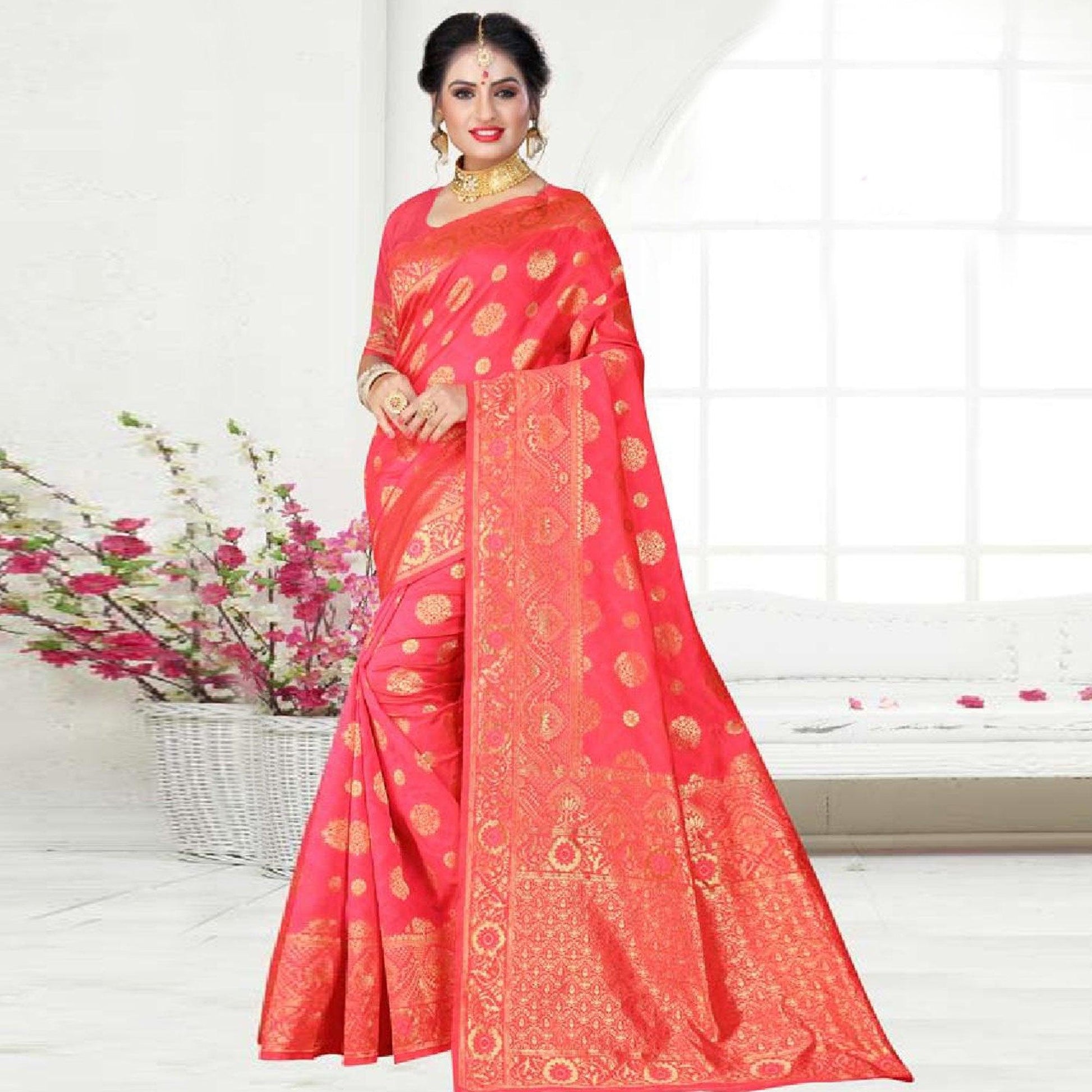 Captivating Pink Colored Festive Wear Woven Art Silk Saree