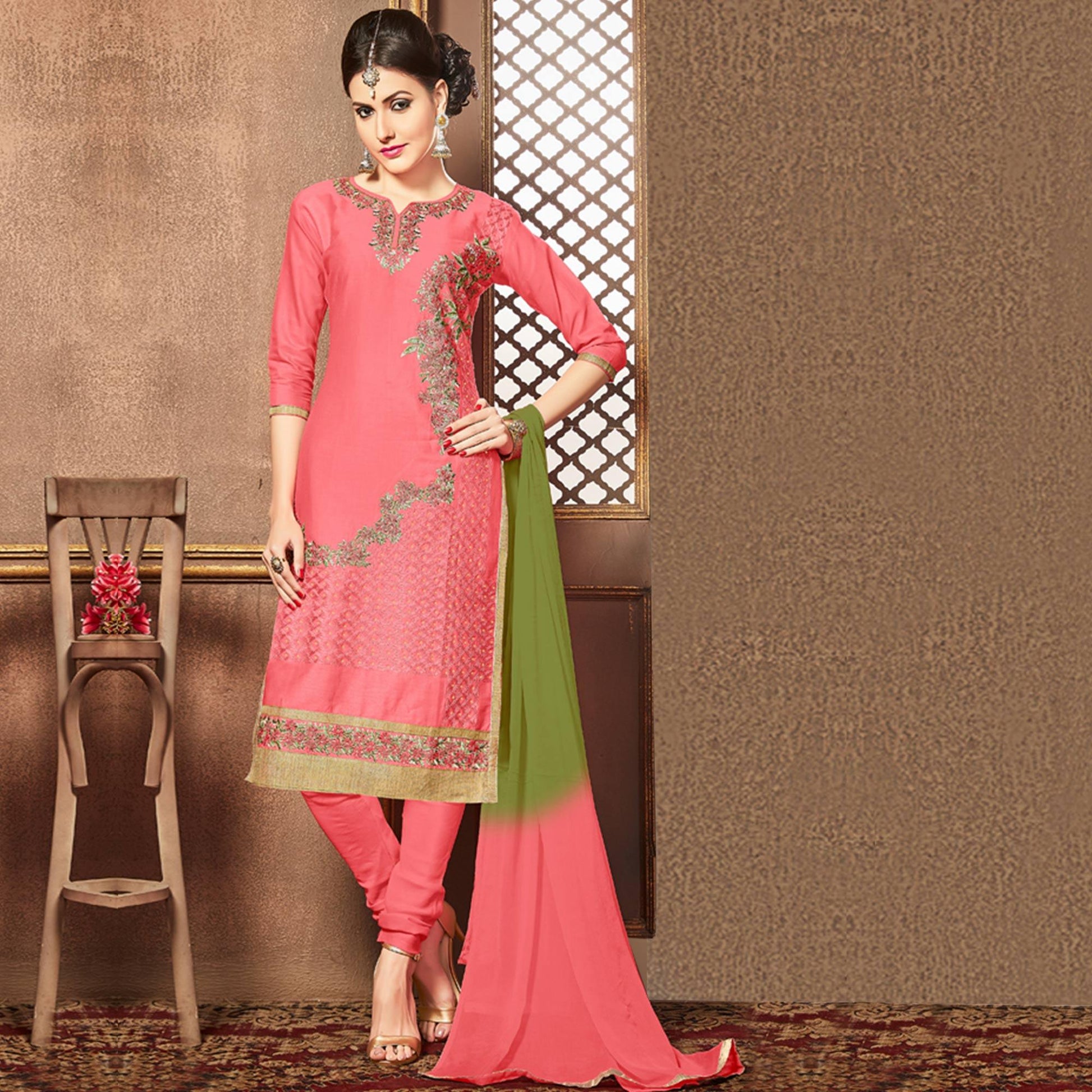 Captivating Pink Colored Party Wear Embroidered Cotton Dress Material