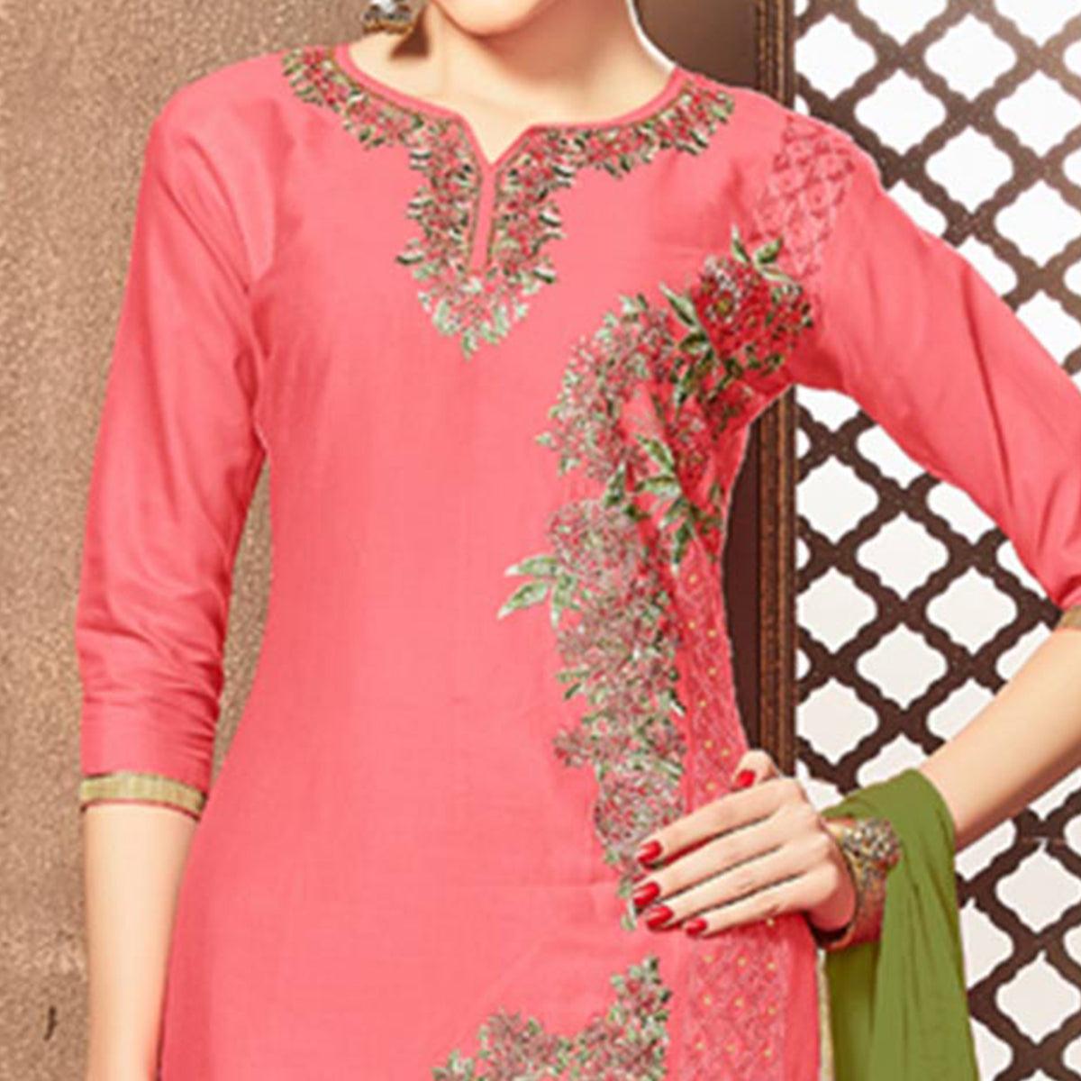 Captivating Pink Colored Party Wear Embroidered Cotton Dress Material