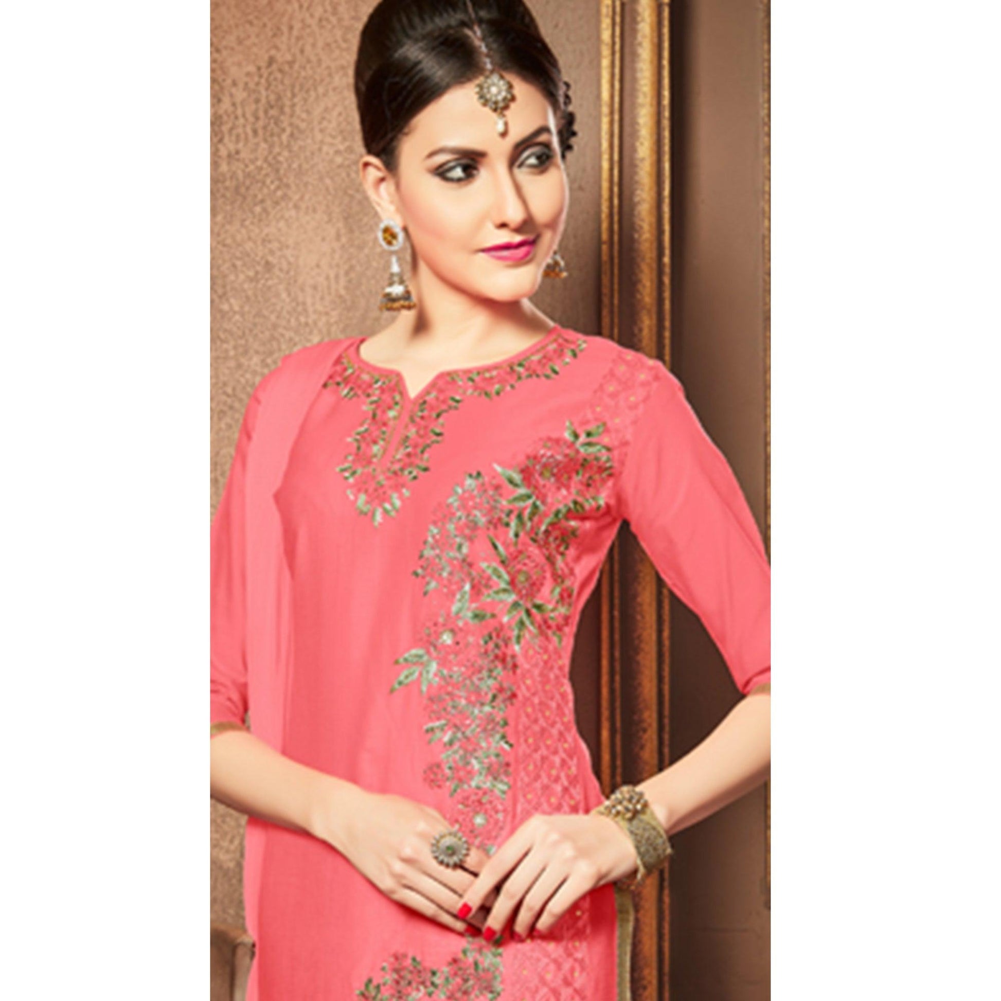Captivating Pink Colored Party Wear Embroidered Cotton Dress Material