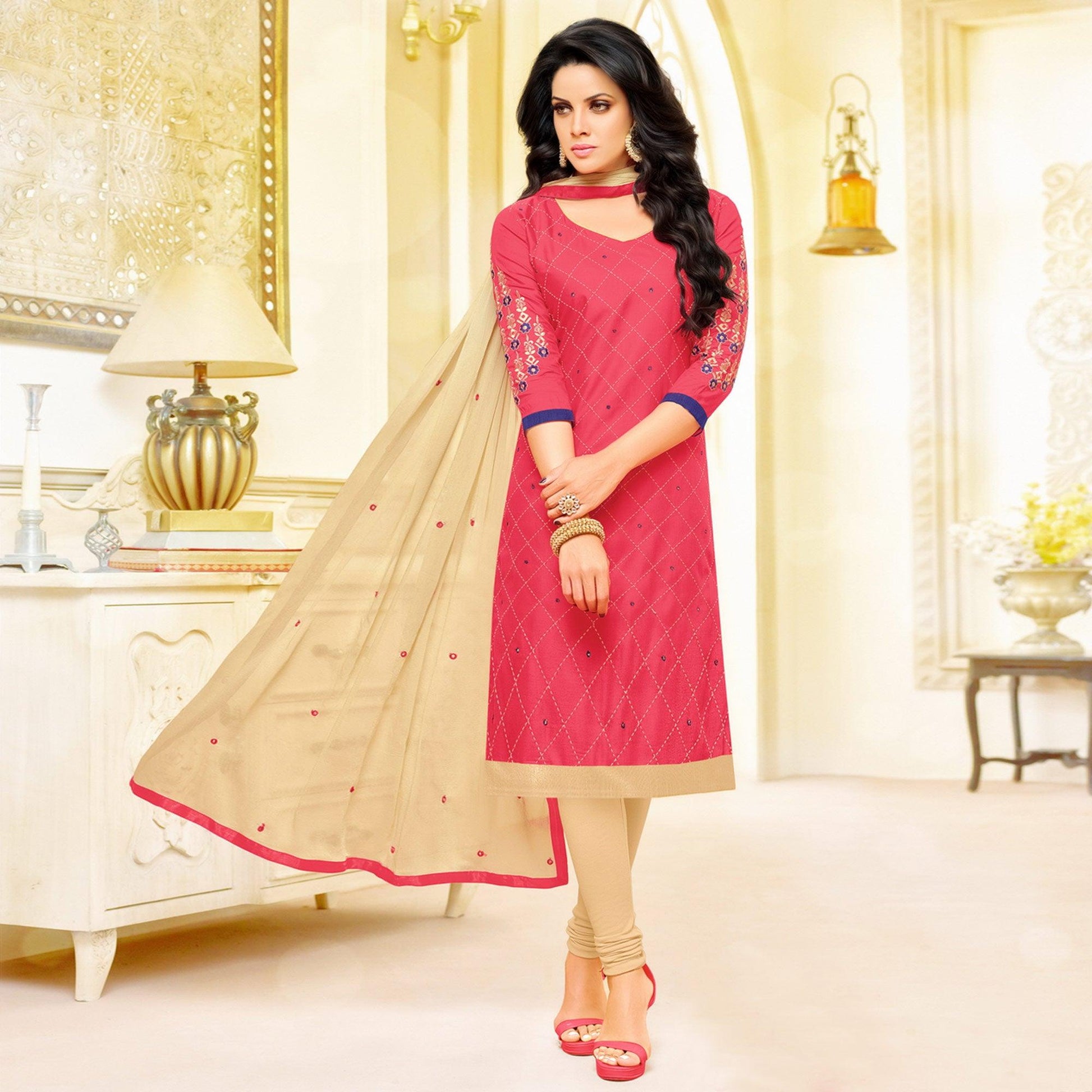 Captivating Pink Colored Partywear Embroidered Cotton Dress Material
