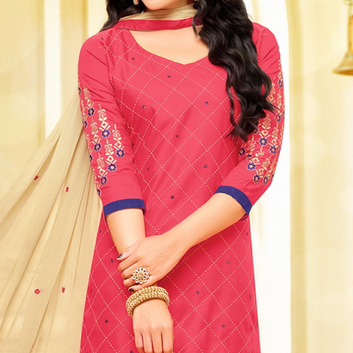 Captivating Pink Colored Partywear Embroidered Cotton Dress Material