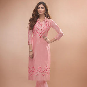 Captivating Pink Colored Partywear Embroidered Viscose Kurti