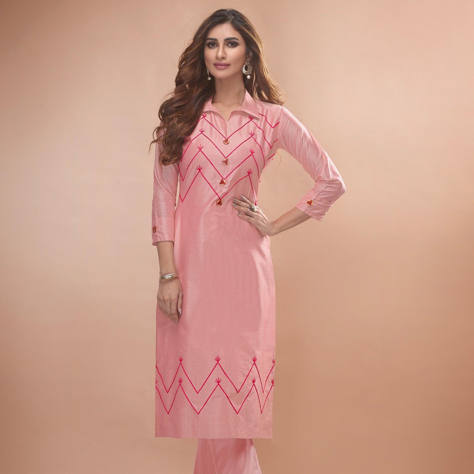 Captivating Pink Colored Partywear Embroidered Viscose Kurti