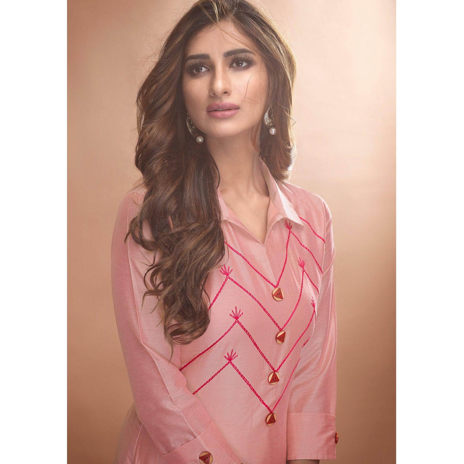 Captivating Pink Colored Partywear Embroidered Viscose Kurti