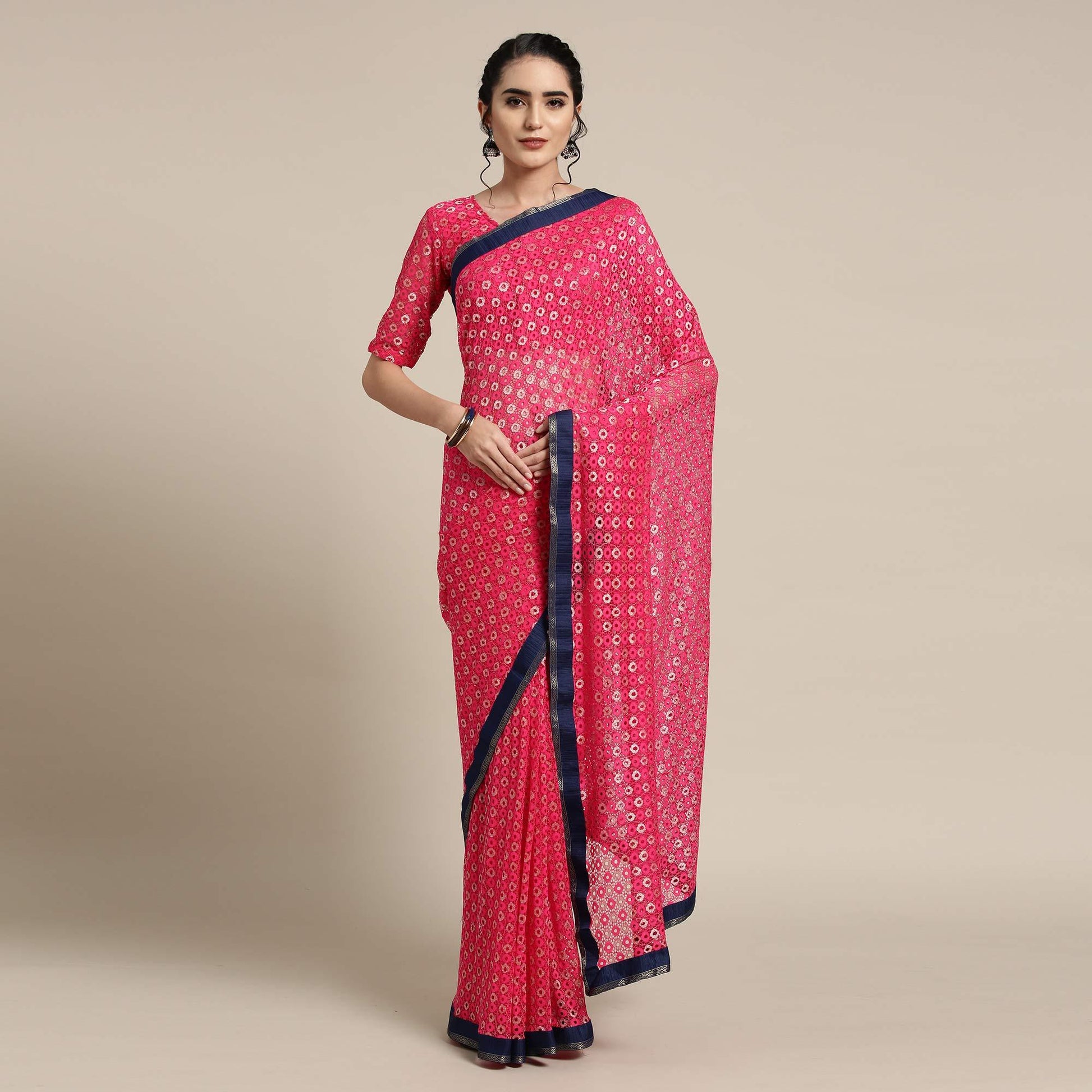 Captivating Pink Colored Partywear Net-Art Silk Saree
