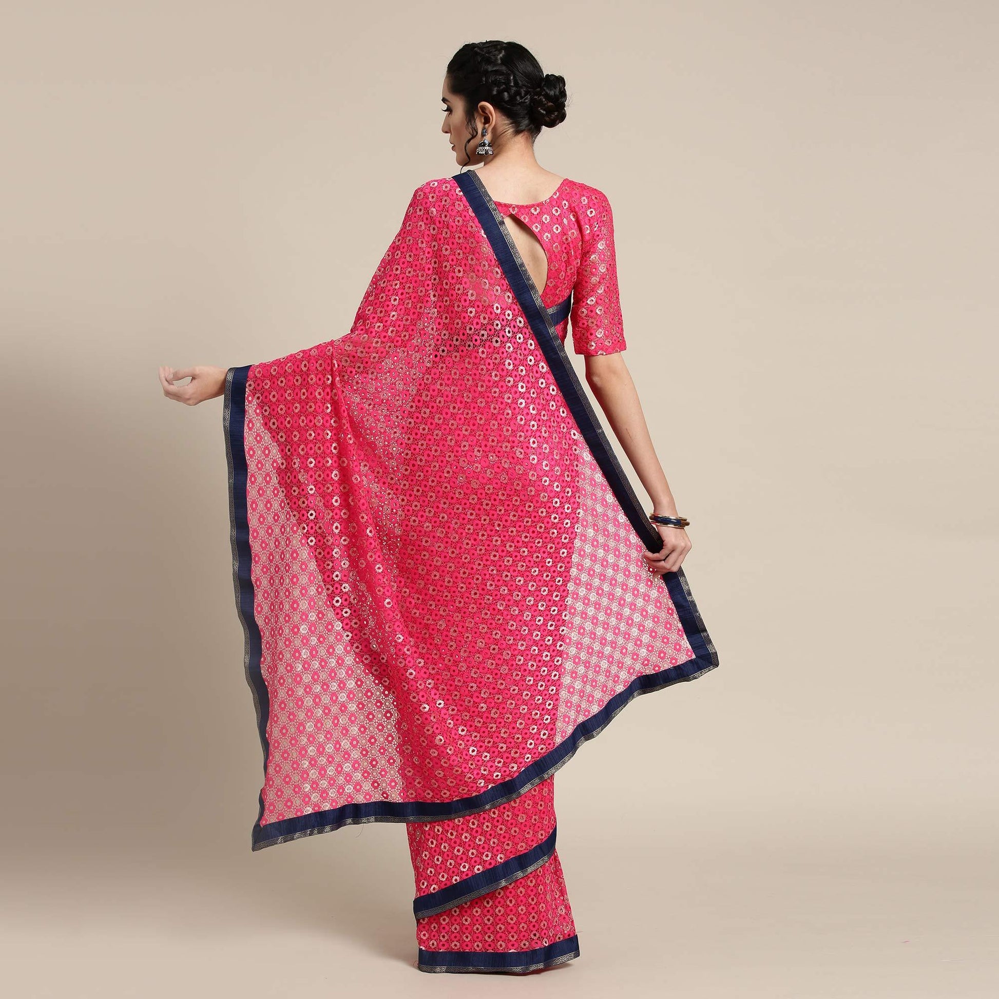 Captivating Pink Colored Partywear Net-Art Silk Saree